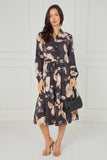 8pcs Dark Charcoal Floral Print Midi Shirt Dress