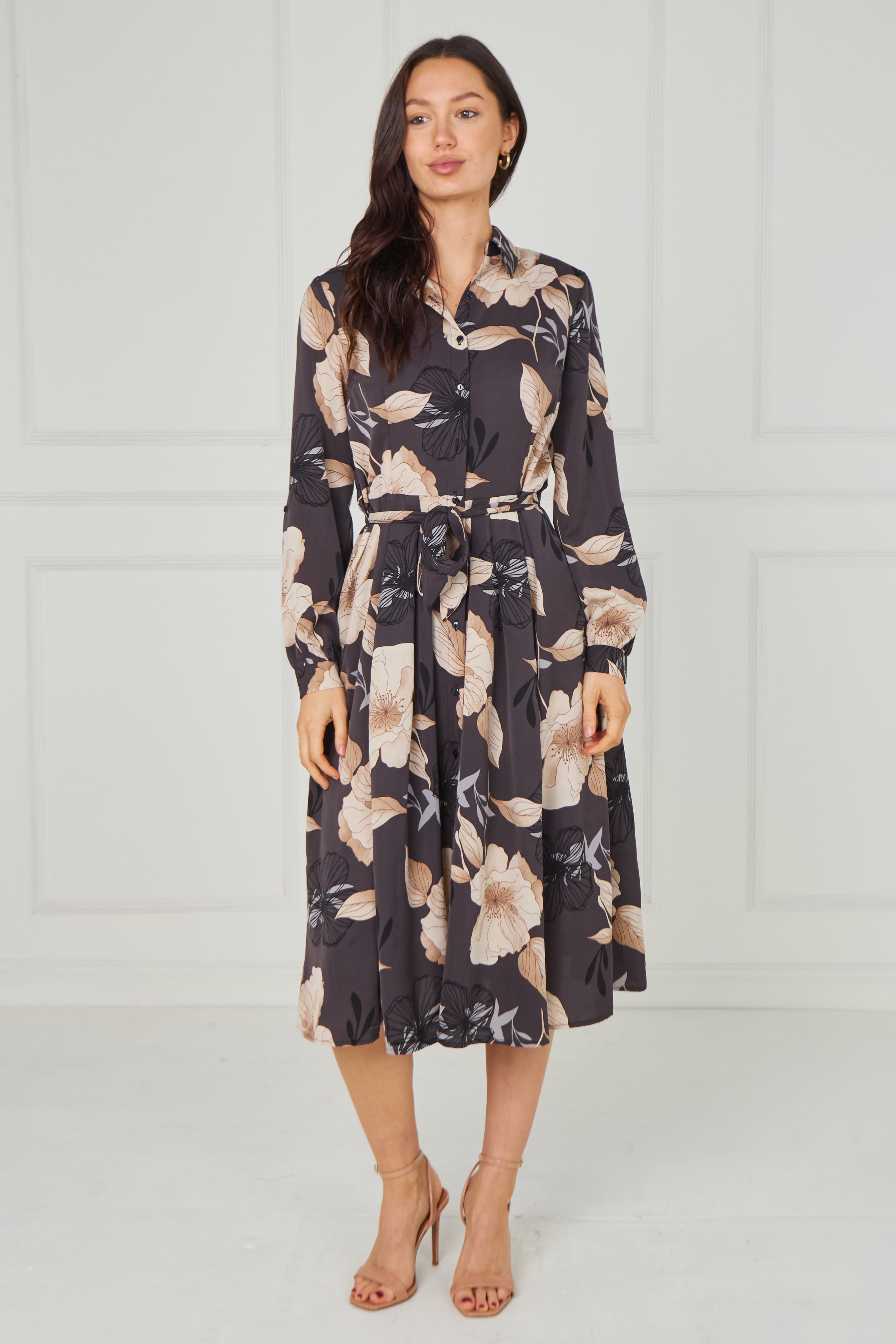 8pcs Dark Charcoal Floral Print Midi Shirt Dress