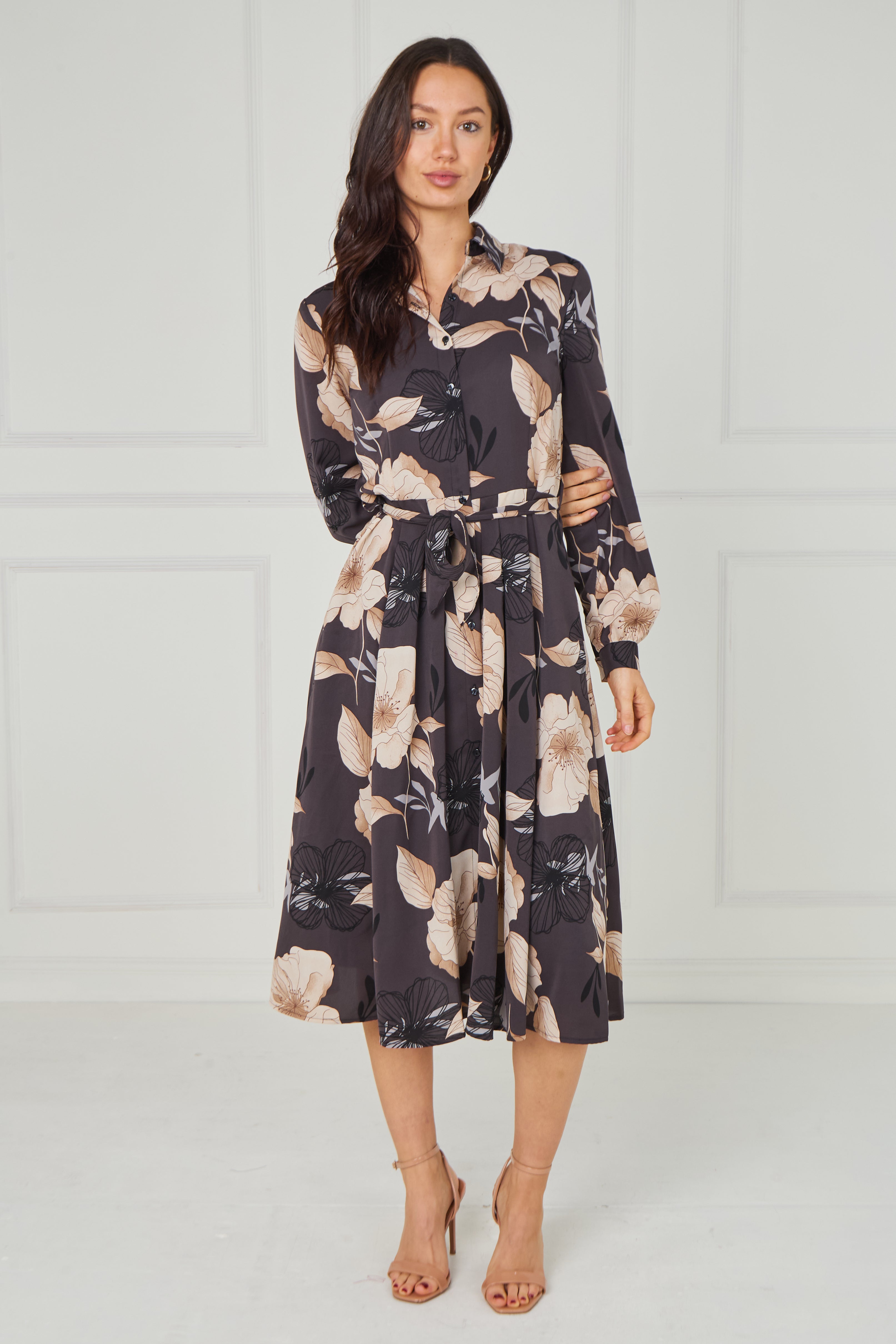 8pcs Dark Charcoal Floral Print Midi Shirt Dress