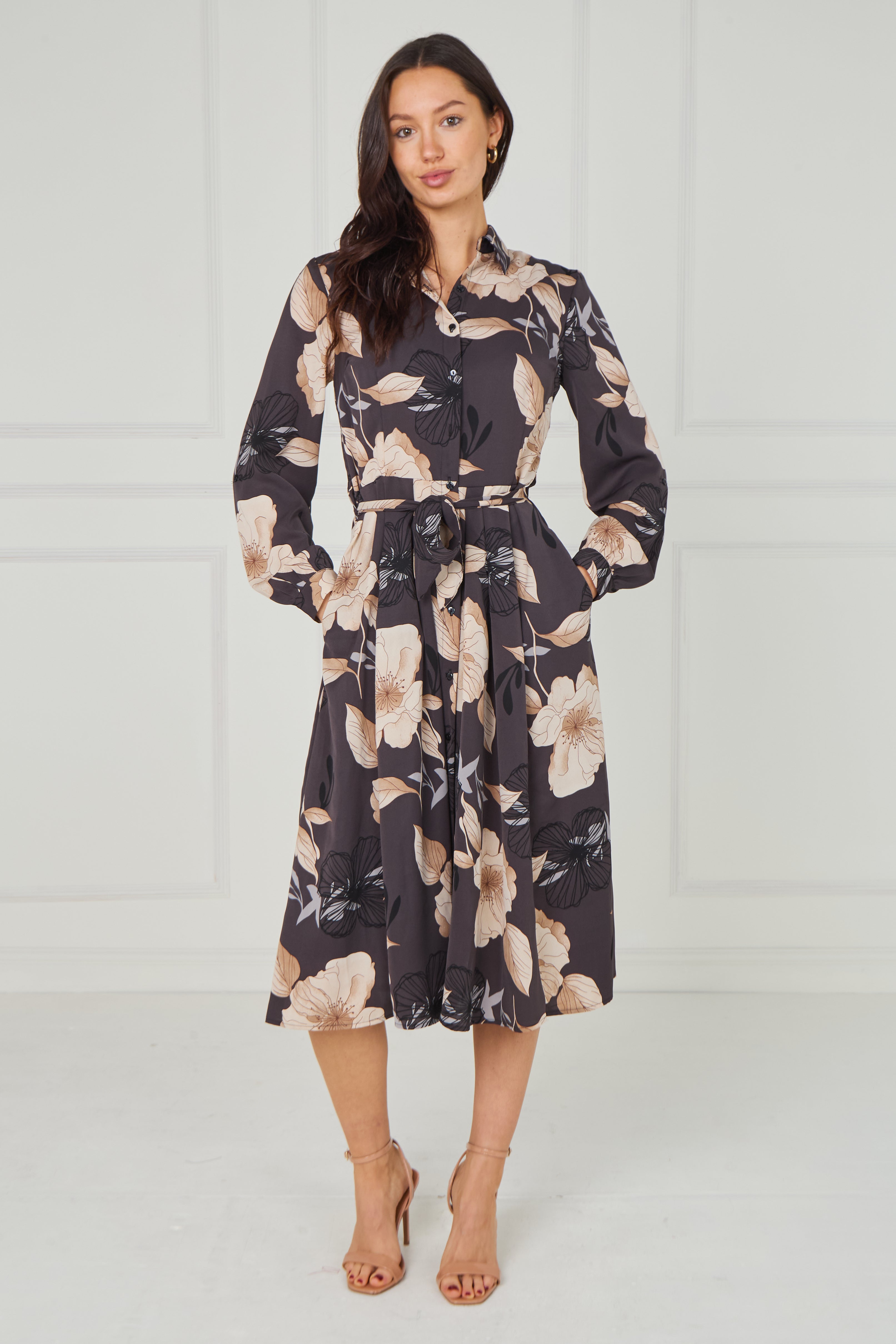 8pcs Dark Charcoal Floral Print Midi Shirt Dress