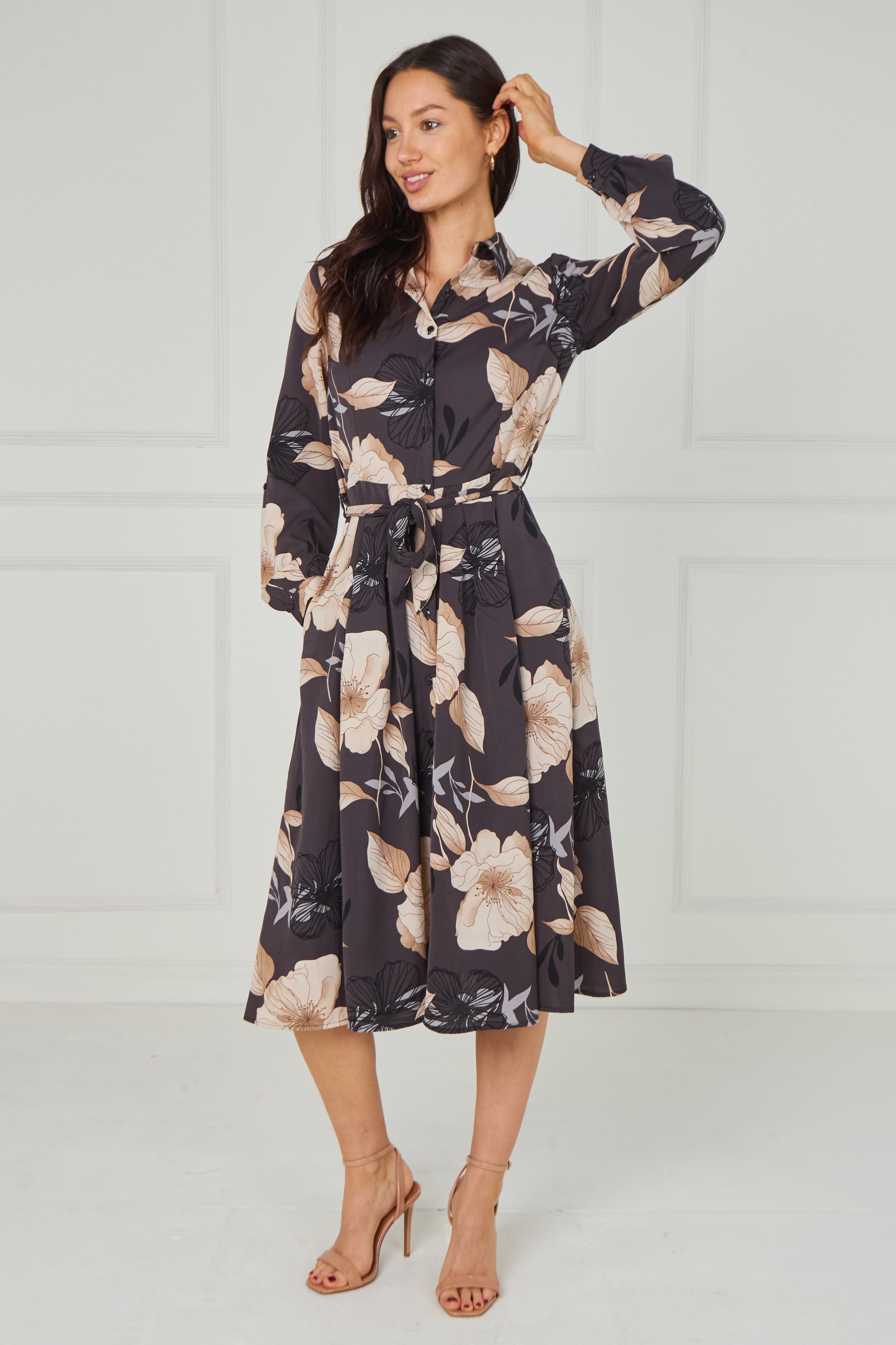 8pcs Dark Charcoal Floral Print Midi Shirt Dress