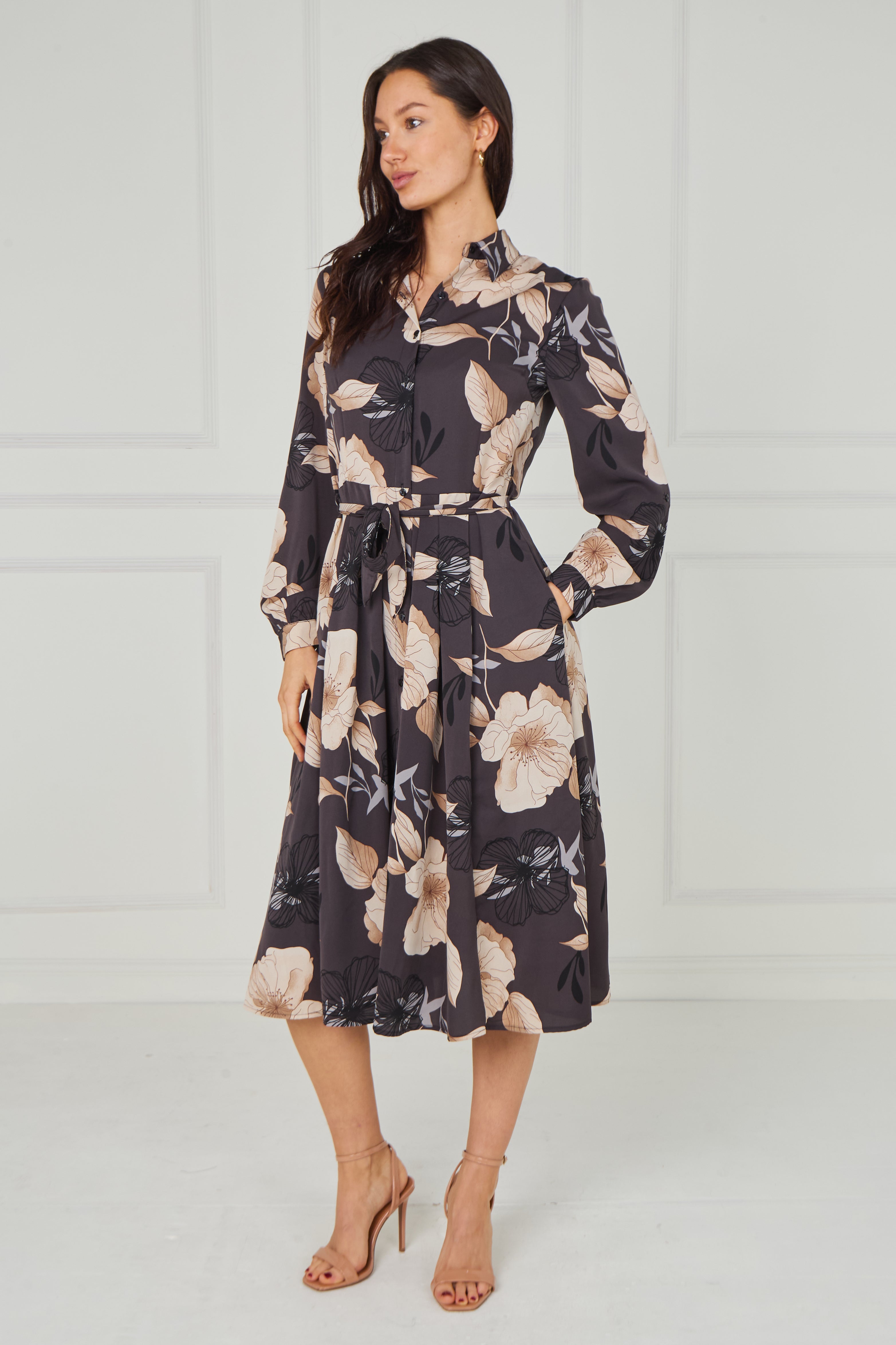 8pcs Dark Charcoal Floral Print Midi Shirt Dress