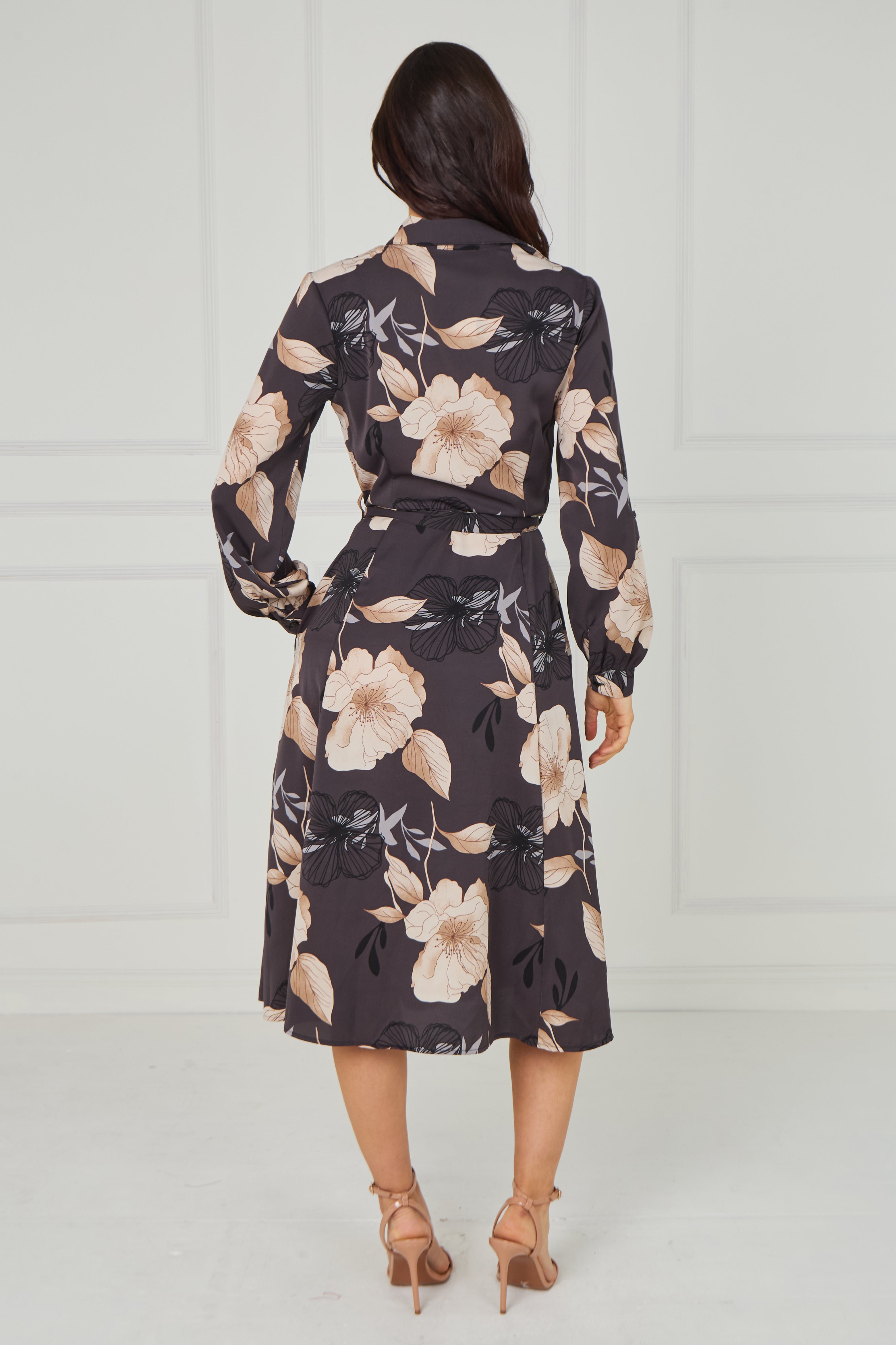 8pcs Dark Charcoal Floral Print Midi Shirt Dress