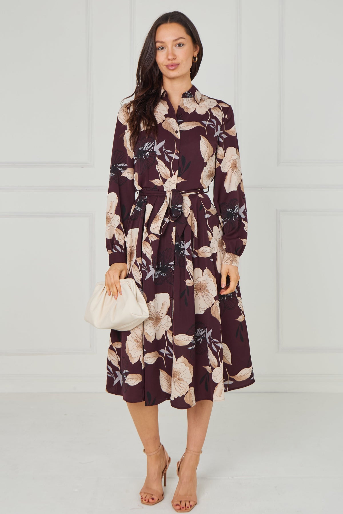 8pcs Maroon Floral Print Midi Shirt Dress