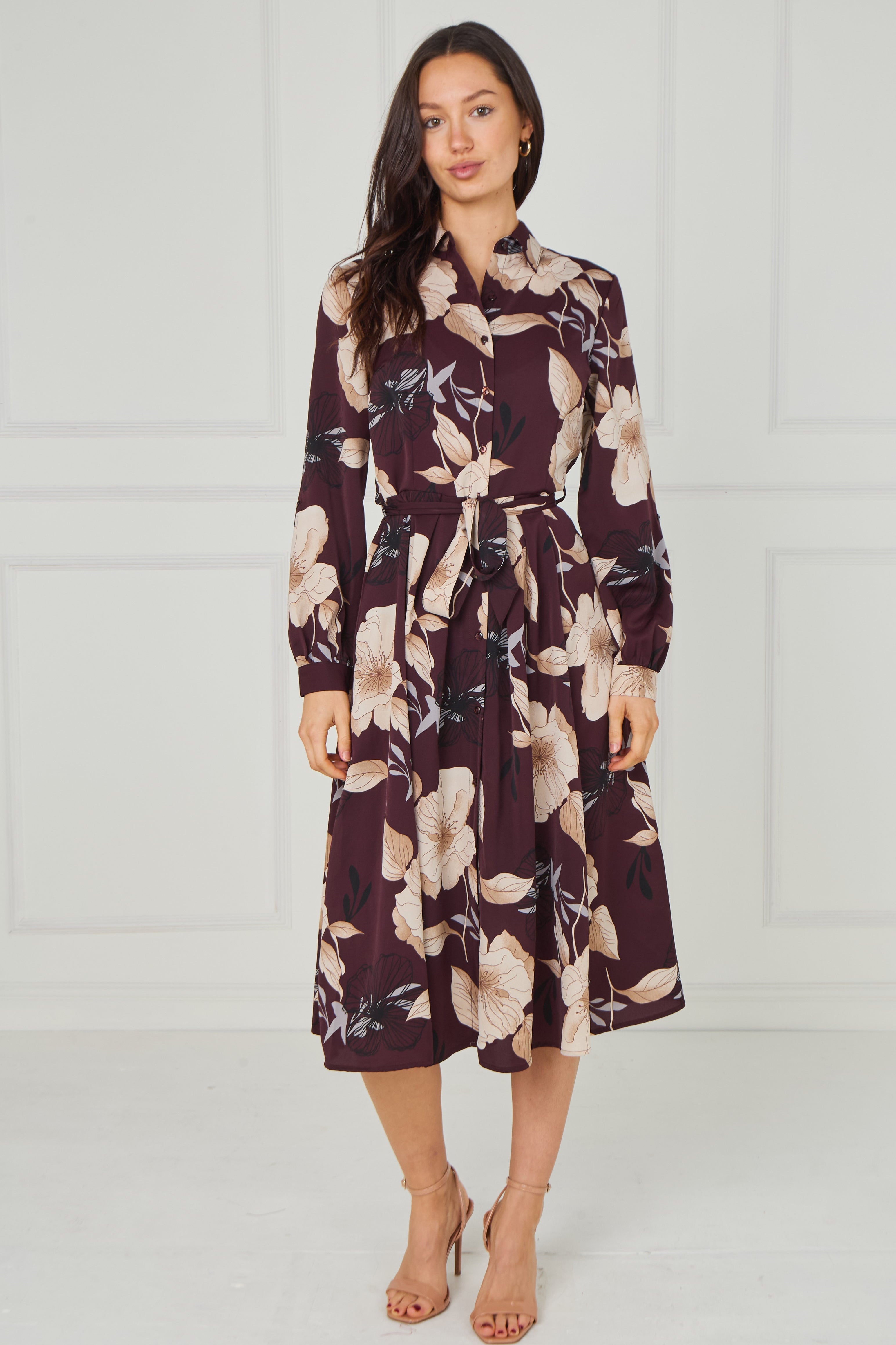 8pcs Maroon Floral Print Midi Shirt Dress