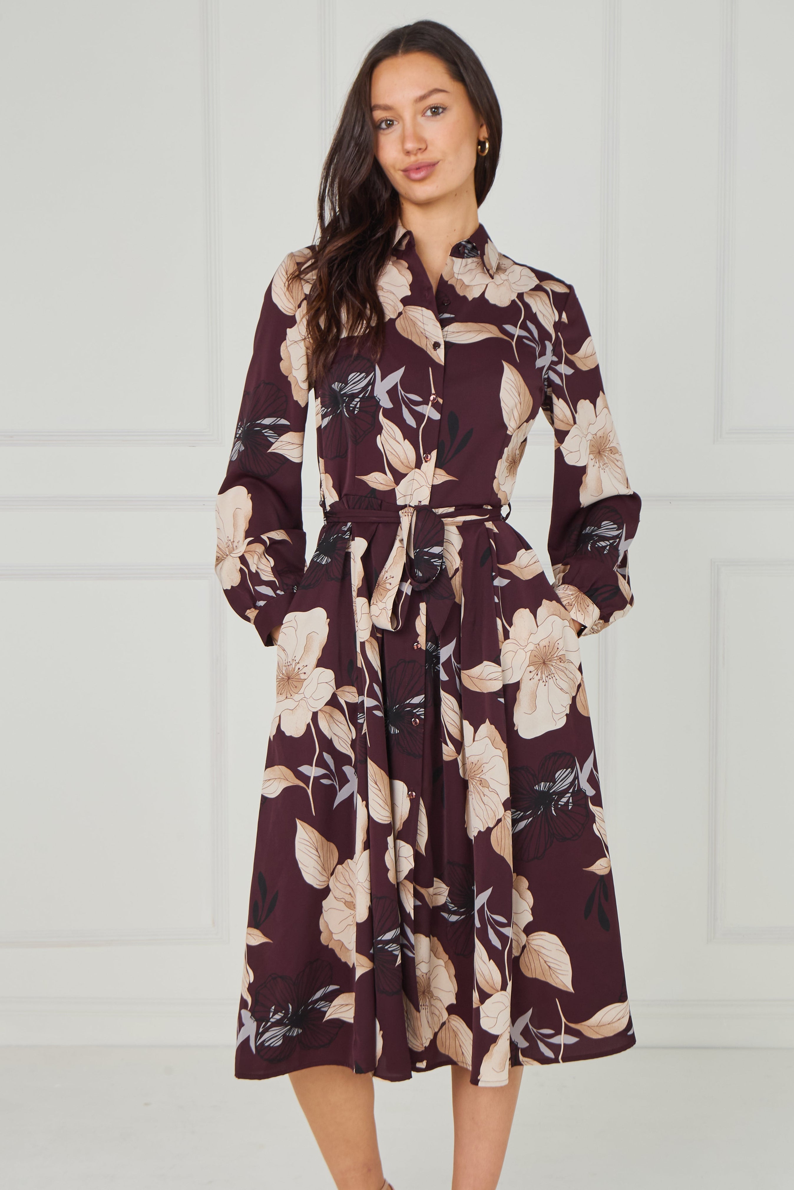 8pcs Maroon Floral Print Midi Shirt Dress