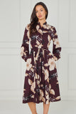 8pcs Maroon Floral Print Midi Shirt Dress