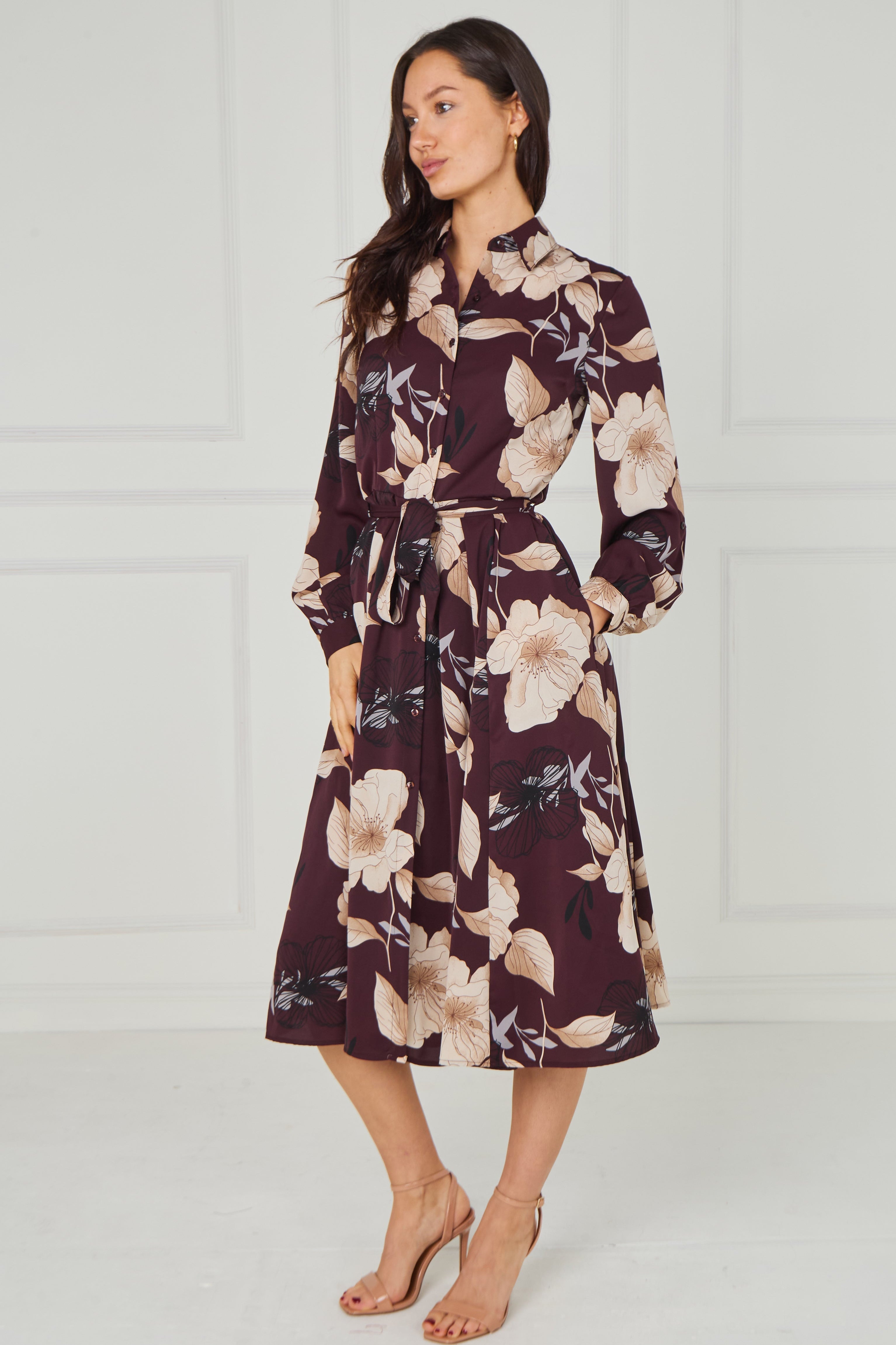 8pcs Maroon Floral Print Midi Shirt Dress