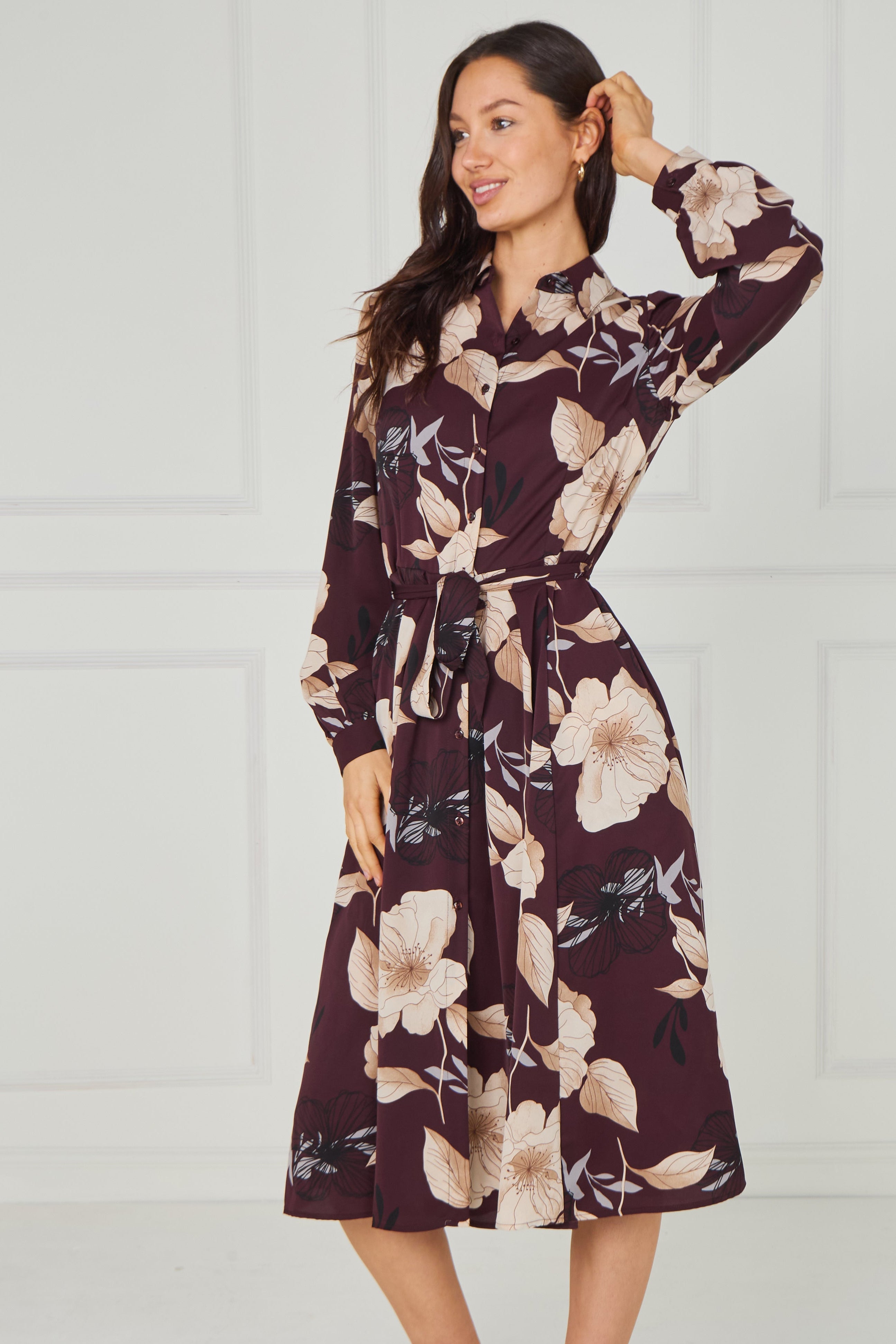 8pcs Maroon Floral Print Midi Shirt Dress