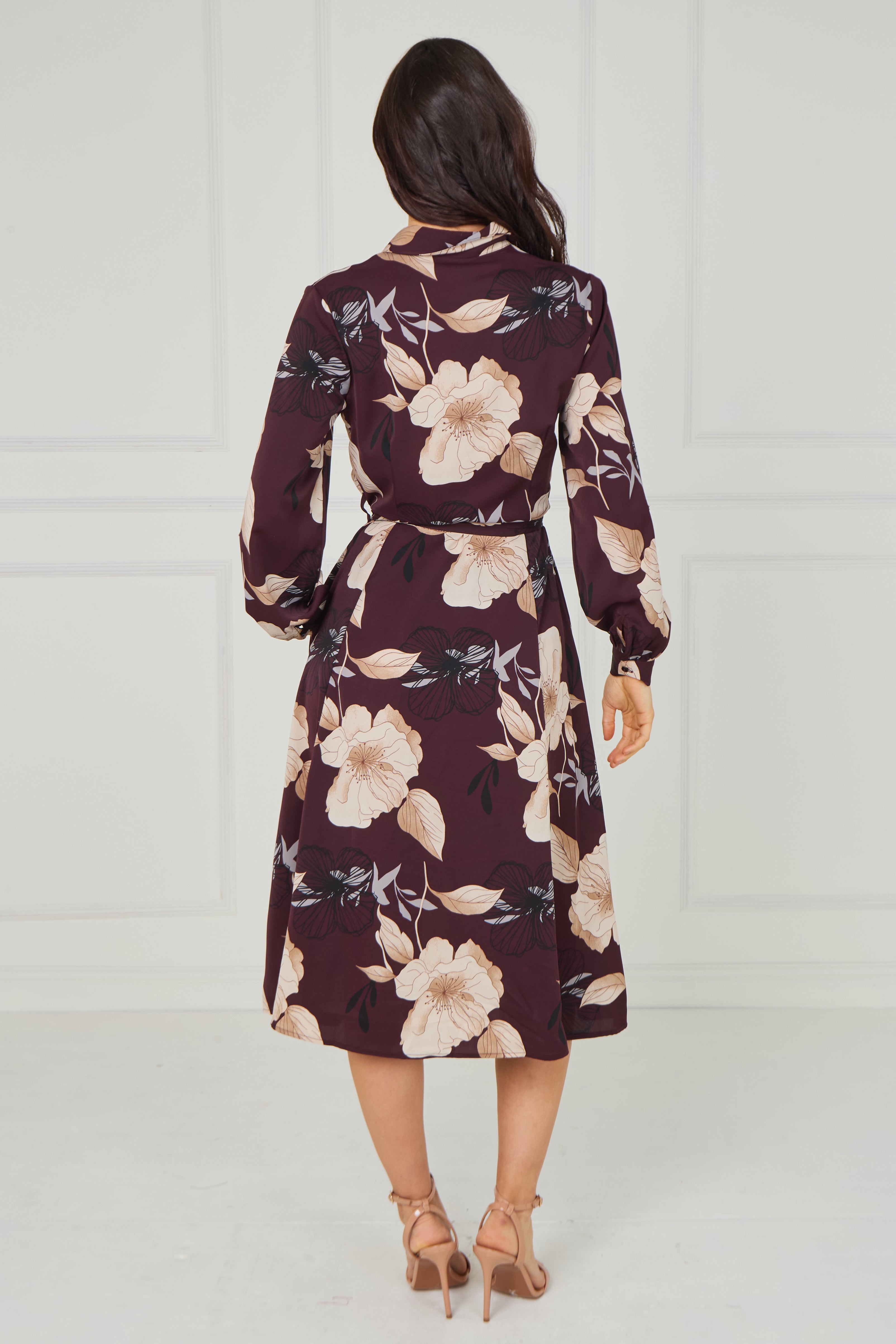 8pcs Maroon Floral Print Midi Shirt Dress