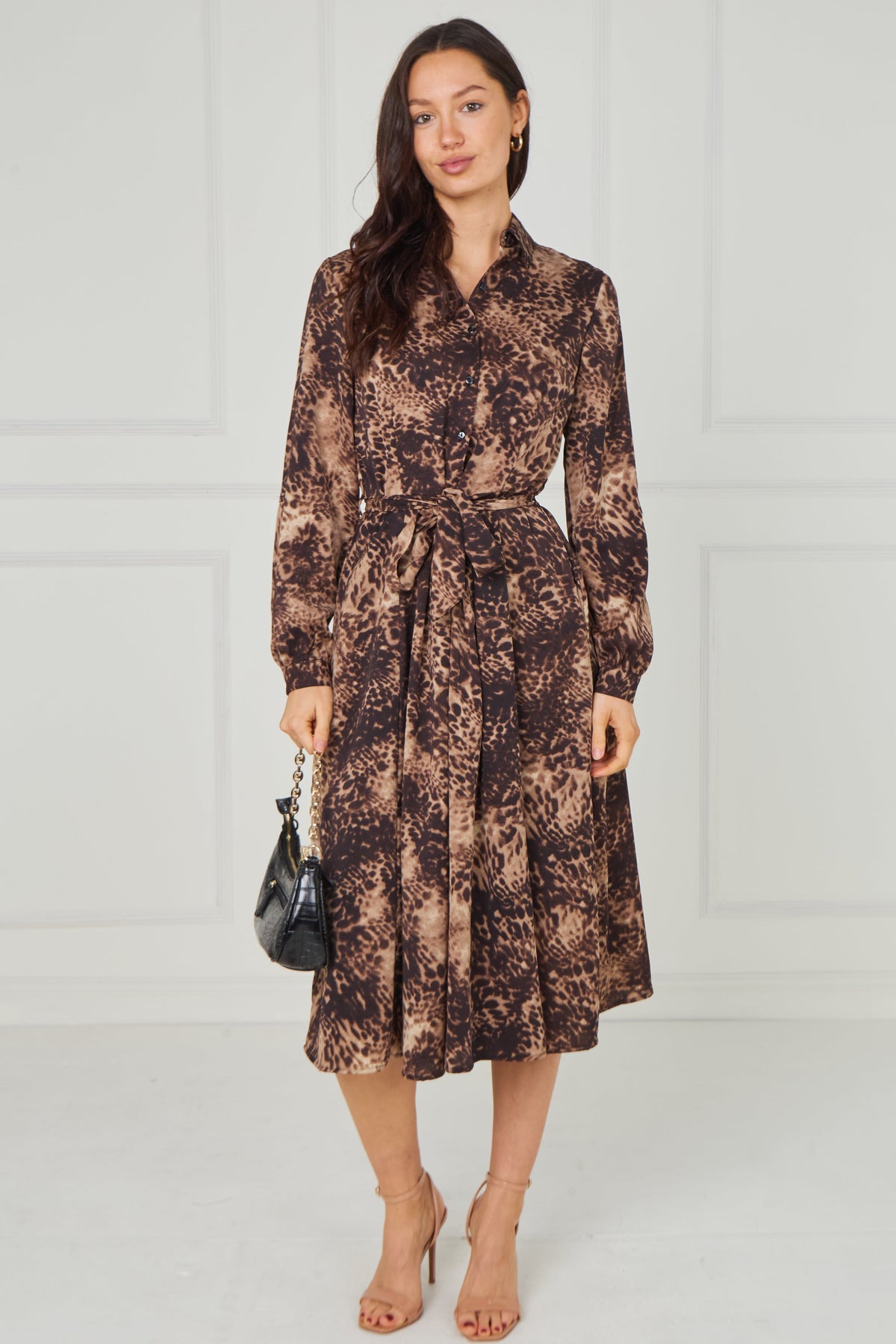8pcs Brown Leopard Smudge Print Midi Shirt Dress