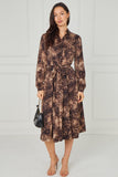 8pcs Brown Leopard Smudge Print Midi Shirt Dress
