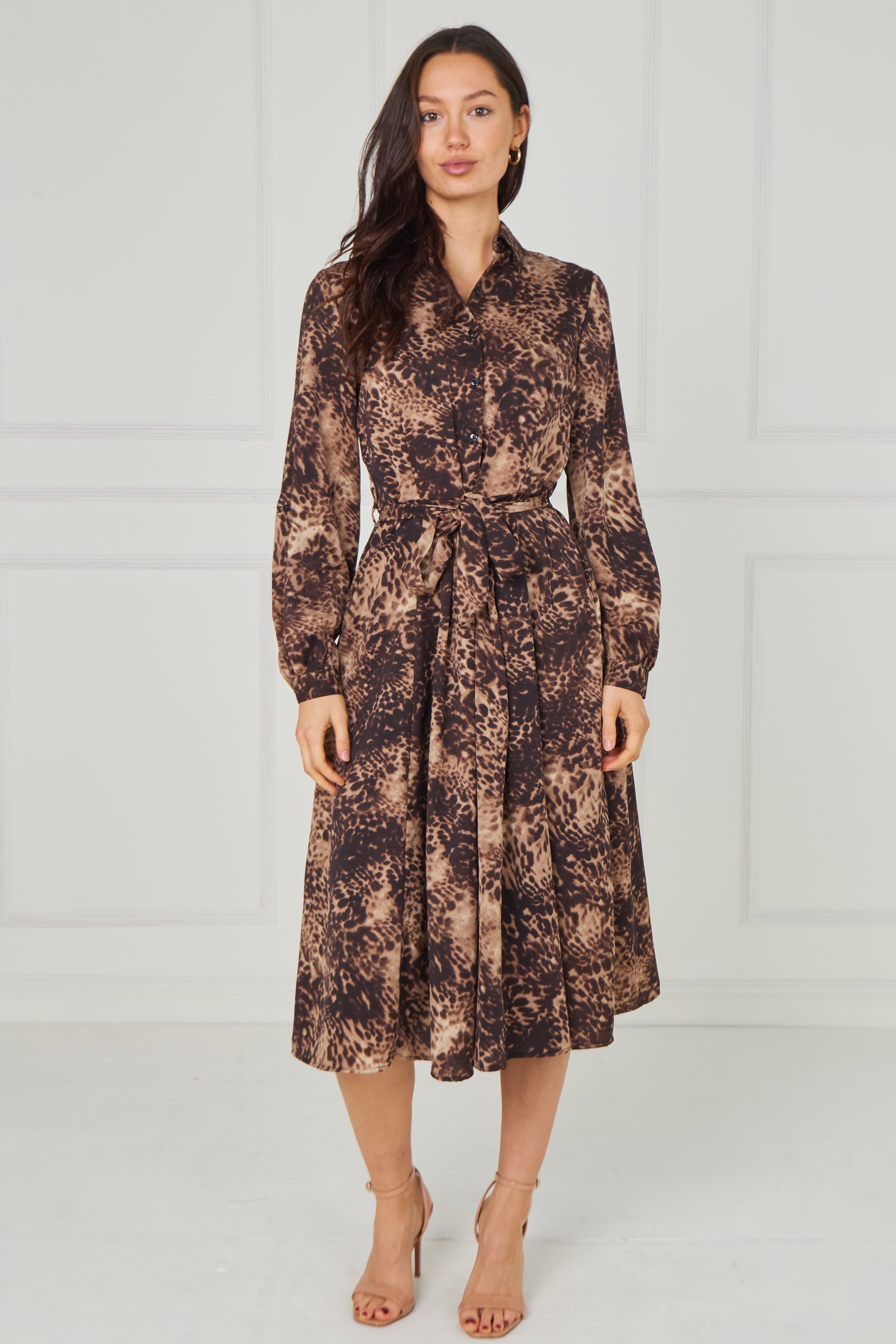 8pcs Brown Leopard Smudge Print Midi Shirt Dress