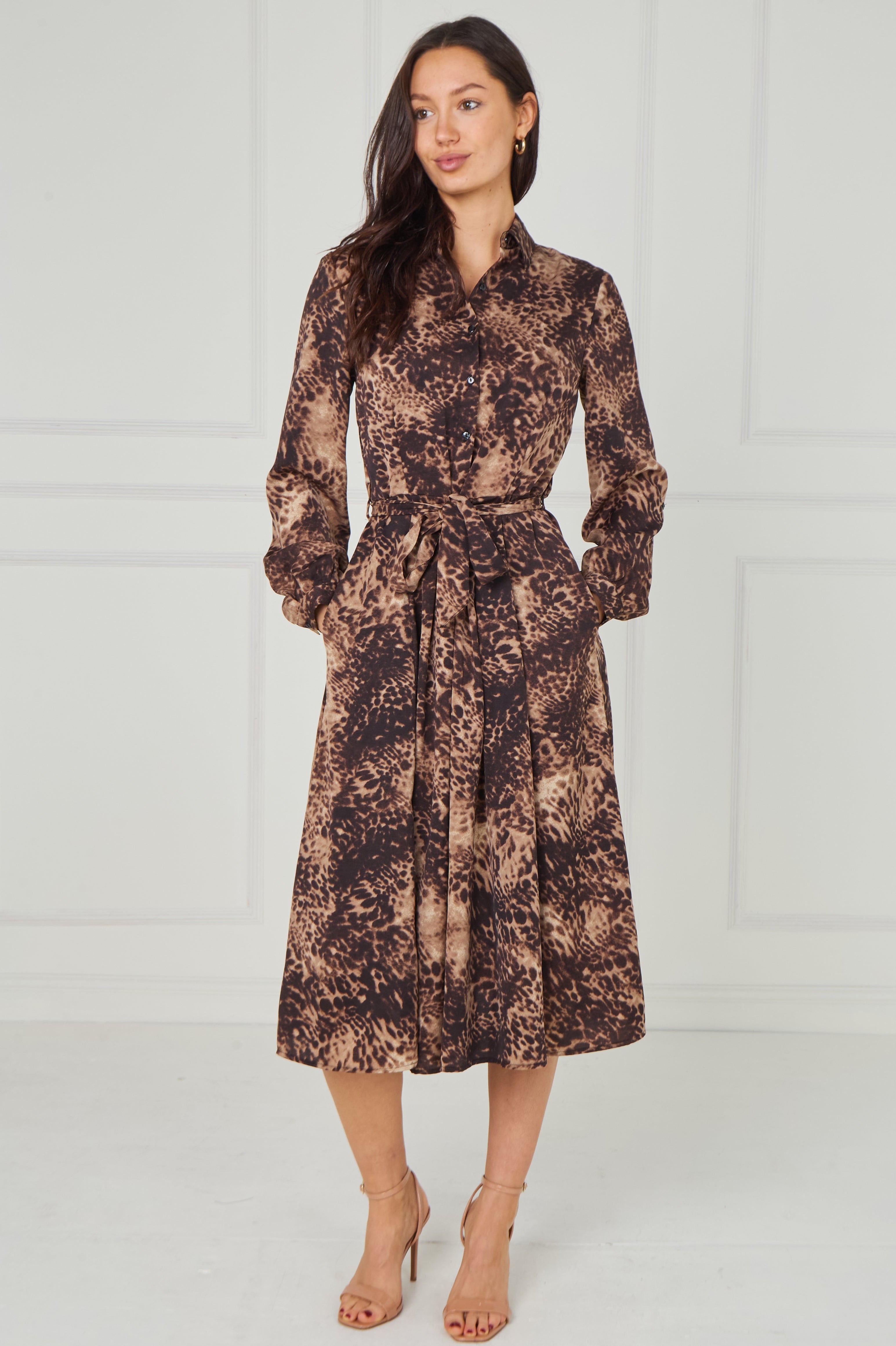 8pcs Brown Leopard Smudge Print Midi Shirt Dress