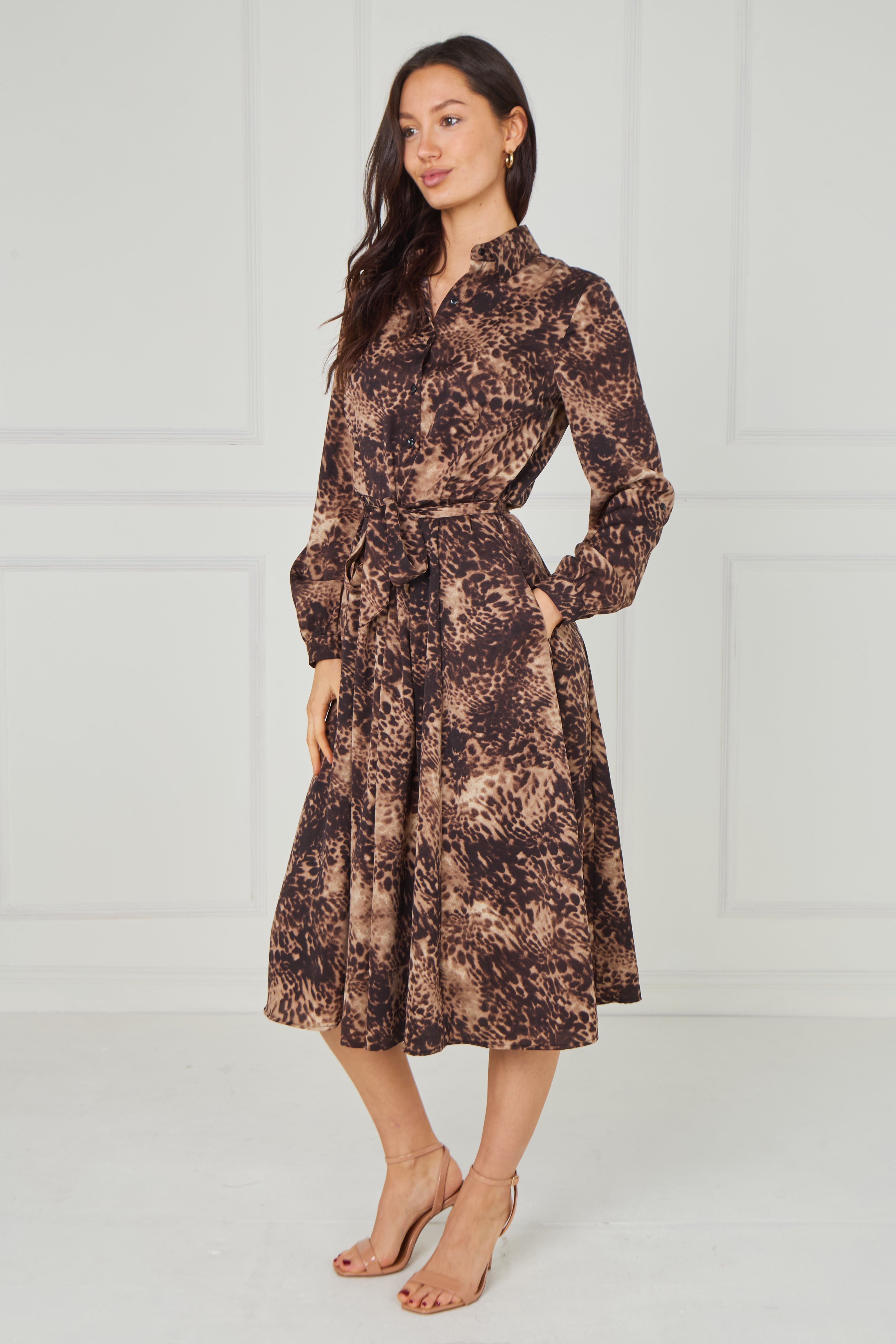 8pcs Brown Leopard Smudge Print Midi Shirt Dress