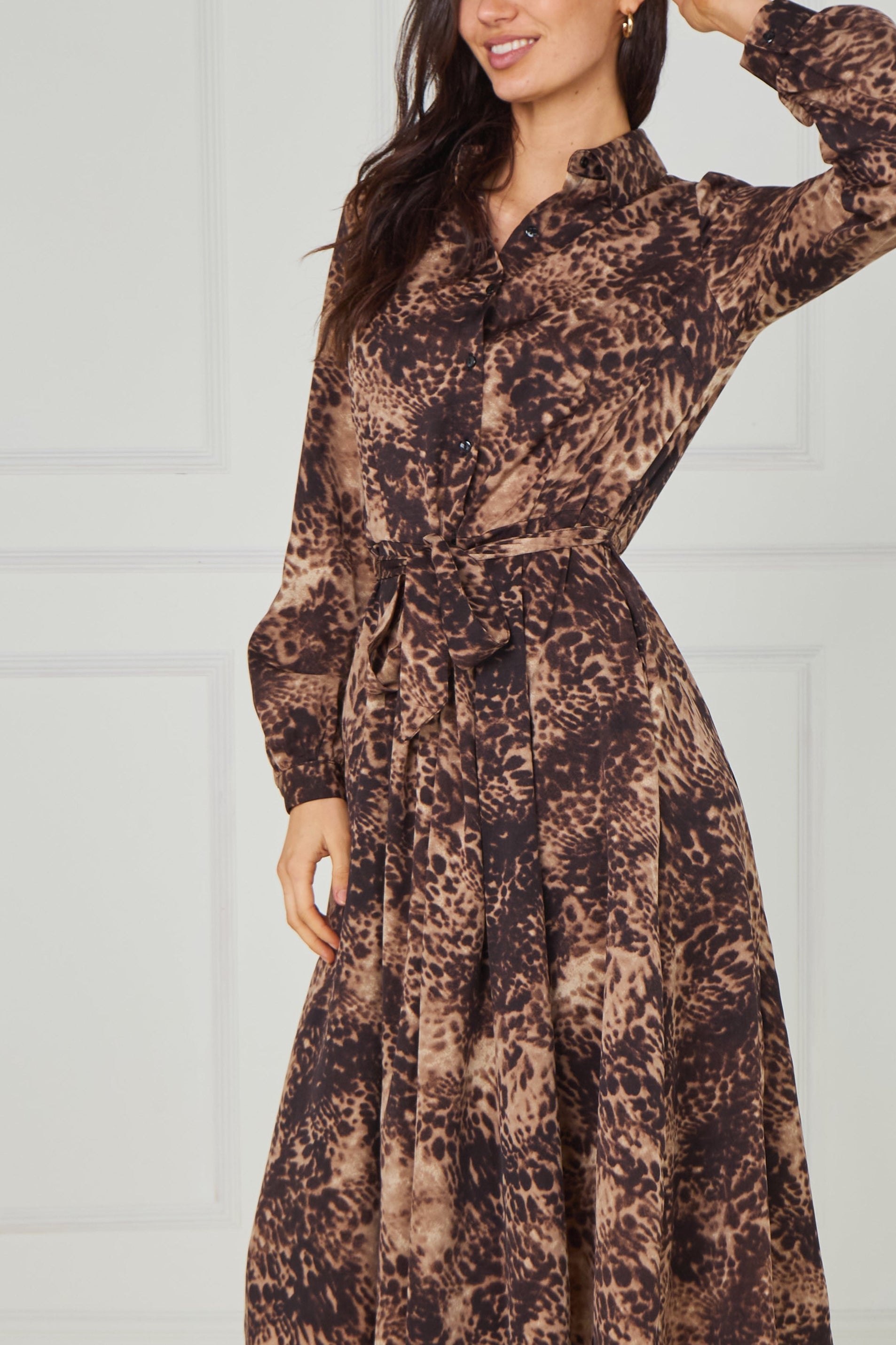 8pcs Brown Leopard Smudge Print Midi Shirt Dress