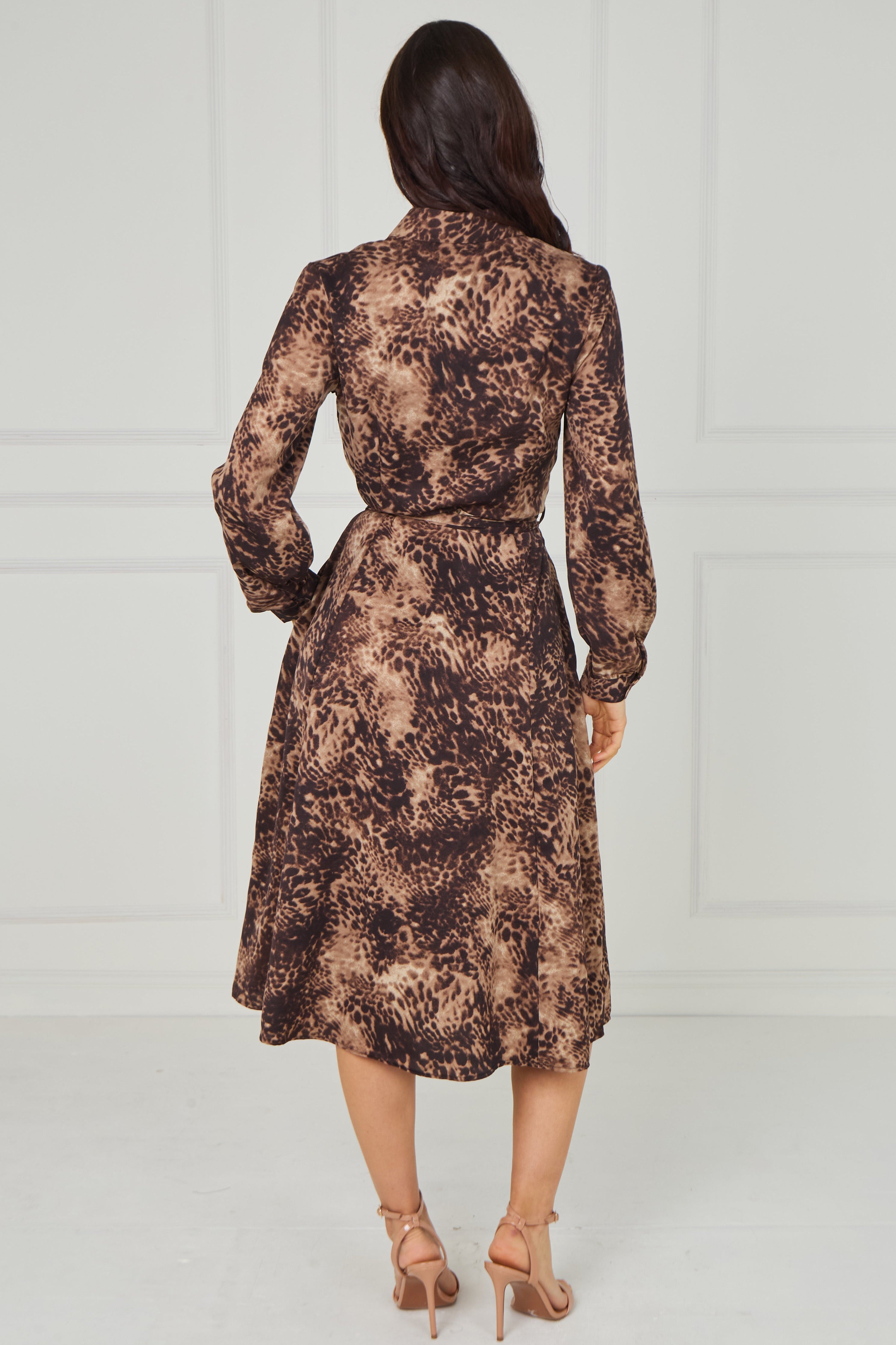 8pcs Brown Leopard Smudge Print Midi Shirt Dress