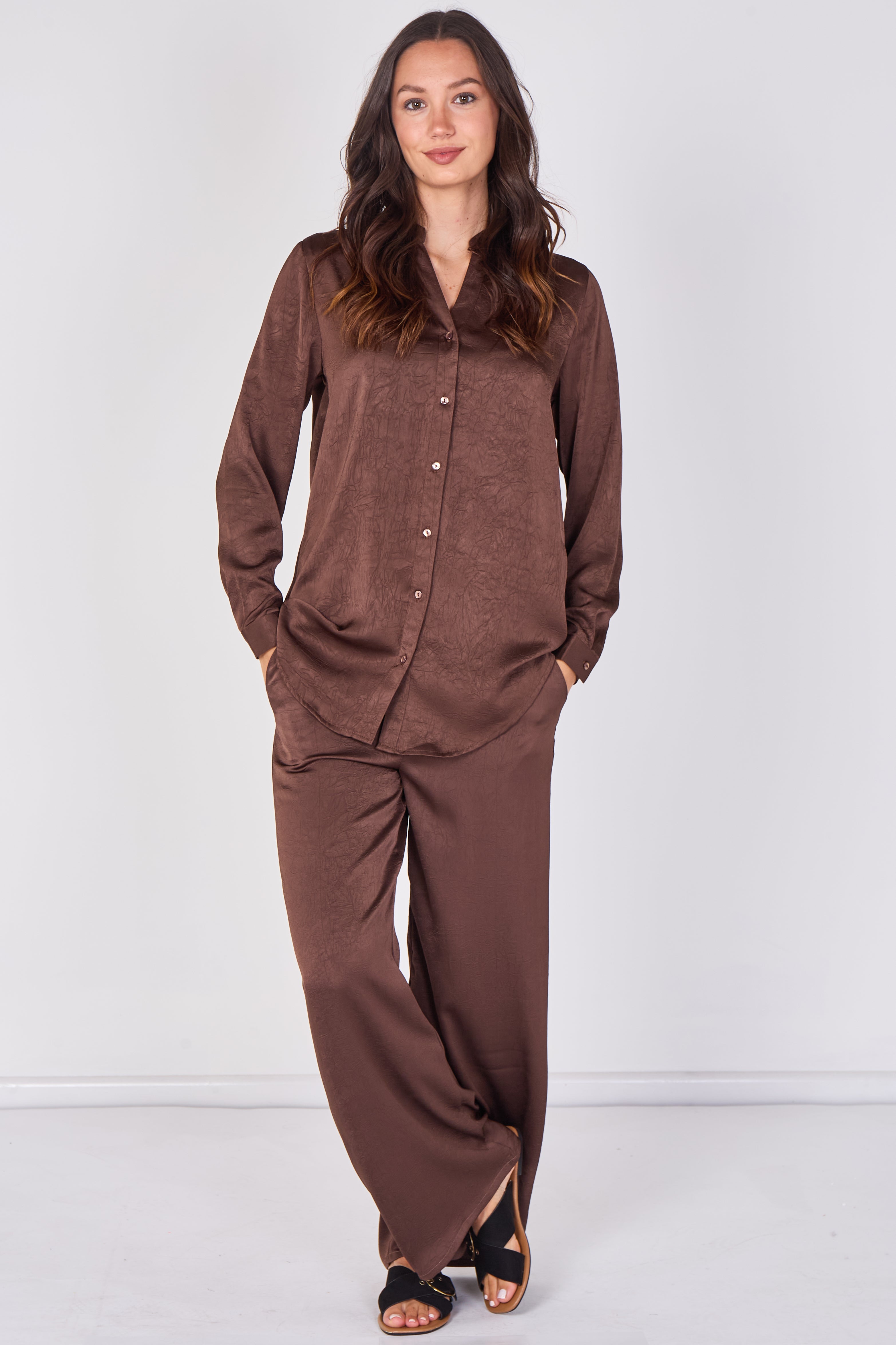 Love Sunshine Chocolate Brown Satin Shirt & Wide Leg Trouser Co-ord Set Co ord sets LS-5002 LS-5002&9057 LS-9057