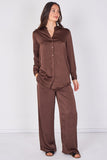 Love Sunshine Chocolate Brown Satin Shirt & Wide Leg Trouser Co-ord Set Co ord sets LS-5002 LS-5002&9057 LS-9057
