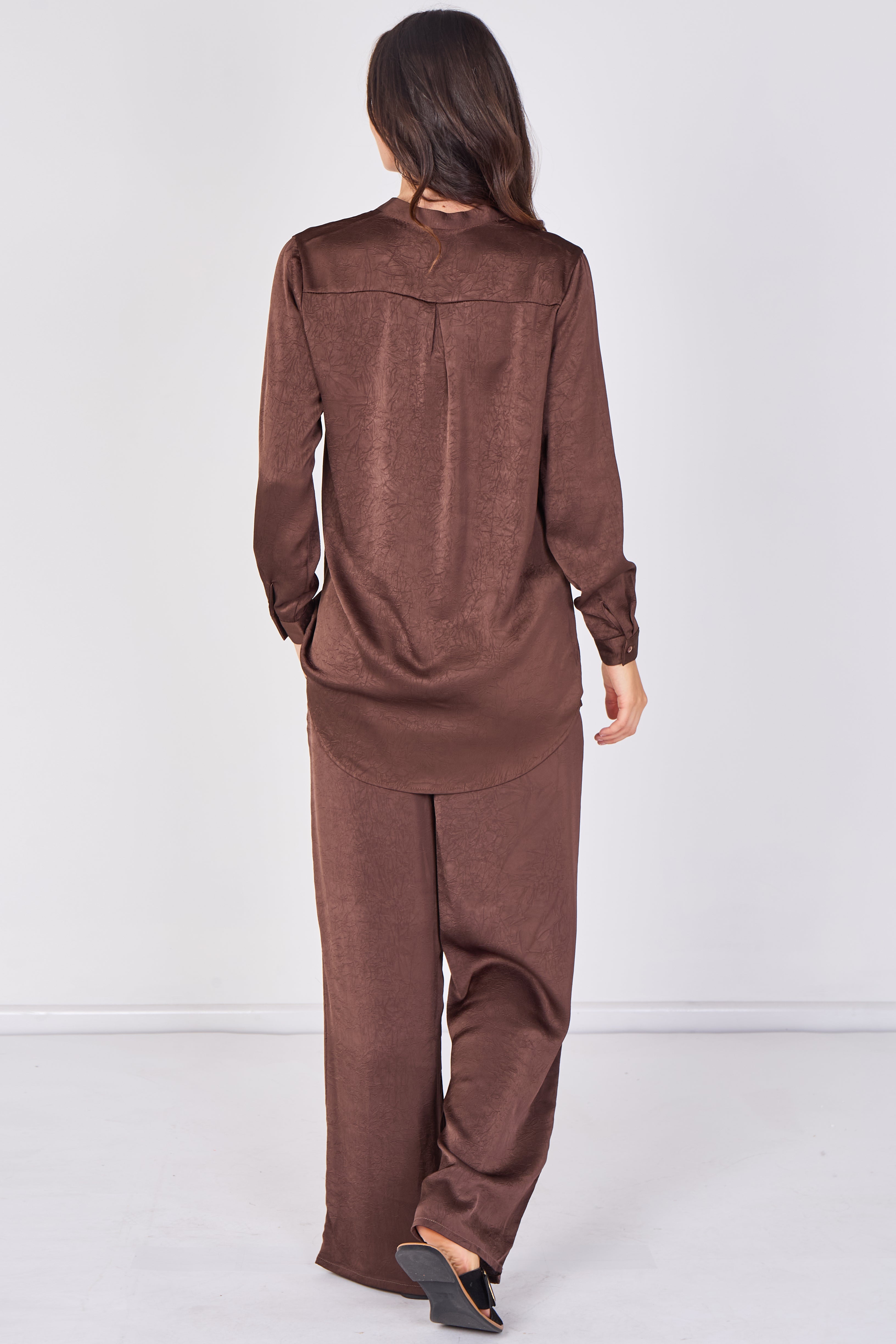 Love Sunshine Chocolate Brown Satin Shirt & Wide Leg Trouser Co-ord Set Co ord sets LS-5002 LS-5002&9057 LS-9057