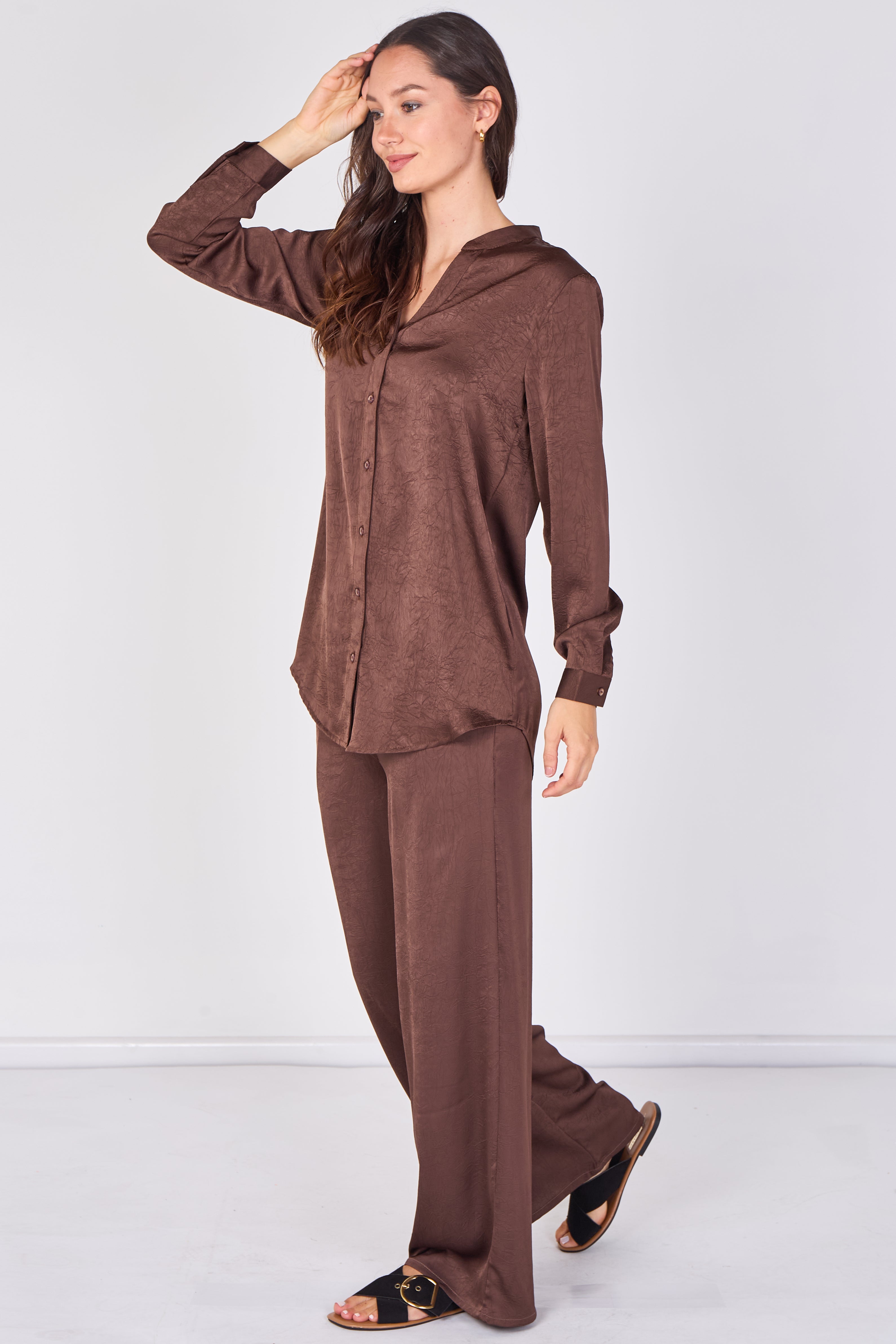 Love Sunshine Chocolate Brown Satin Shirt & Wide Leg Trouser Co-ord Set Co ord sets LS-5002 LS-5002&9057 LS-9057
