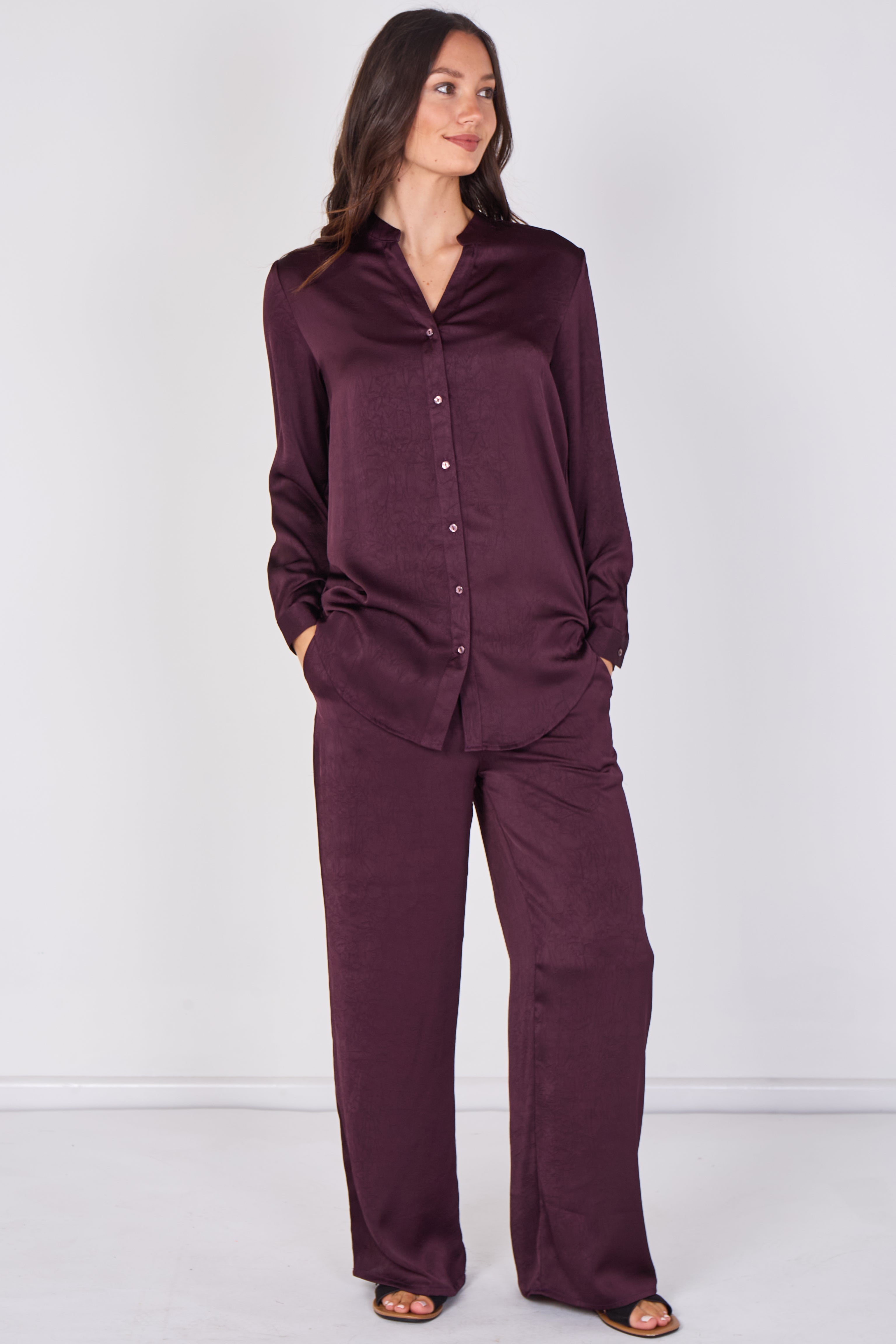 Love Sunshine Plum Satin Shirt & Wide Leg Trouser Co-ord Set Co ord sets LS-5002 LS-5002&9057 LS-9057