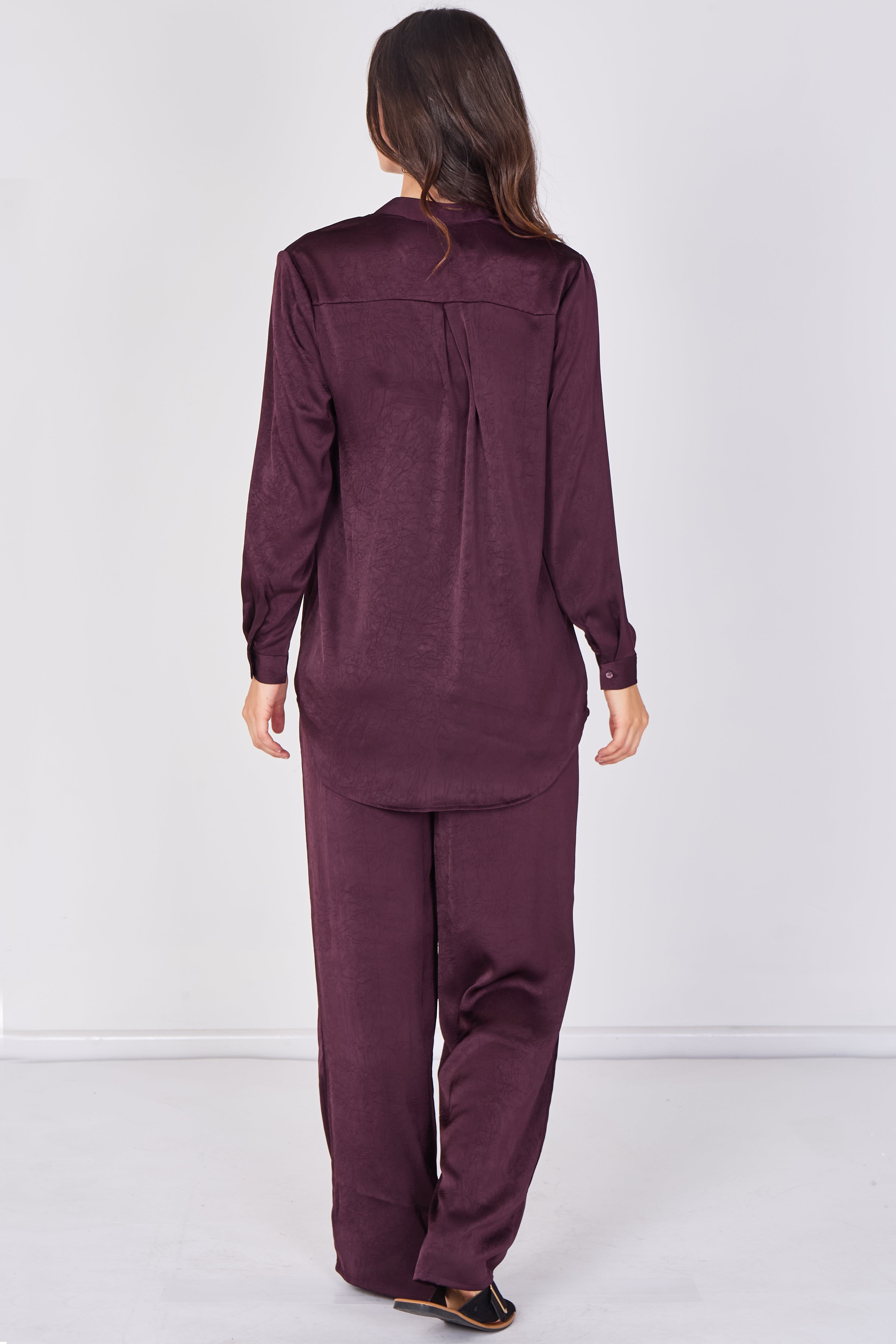 Love Sunshine Plum Satin Shirt & Wide Leg Trouser Co-ord Set Co ord sets LS-5002 LS-5002&9057 LS-9057