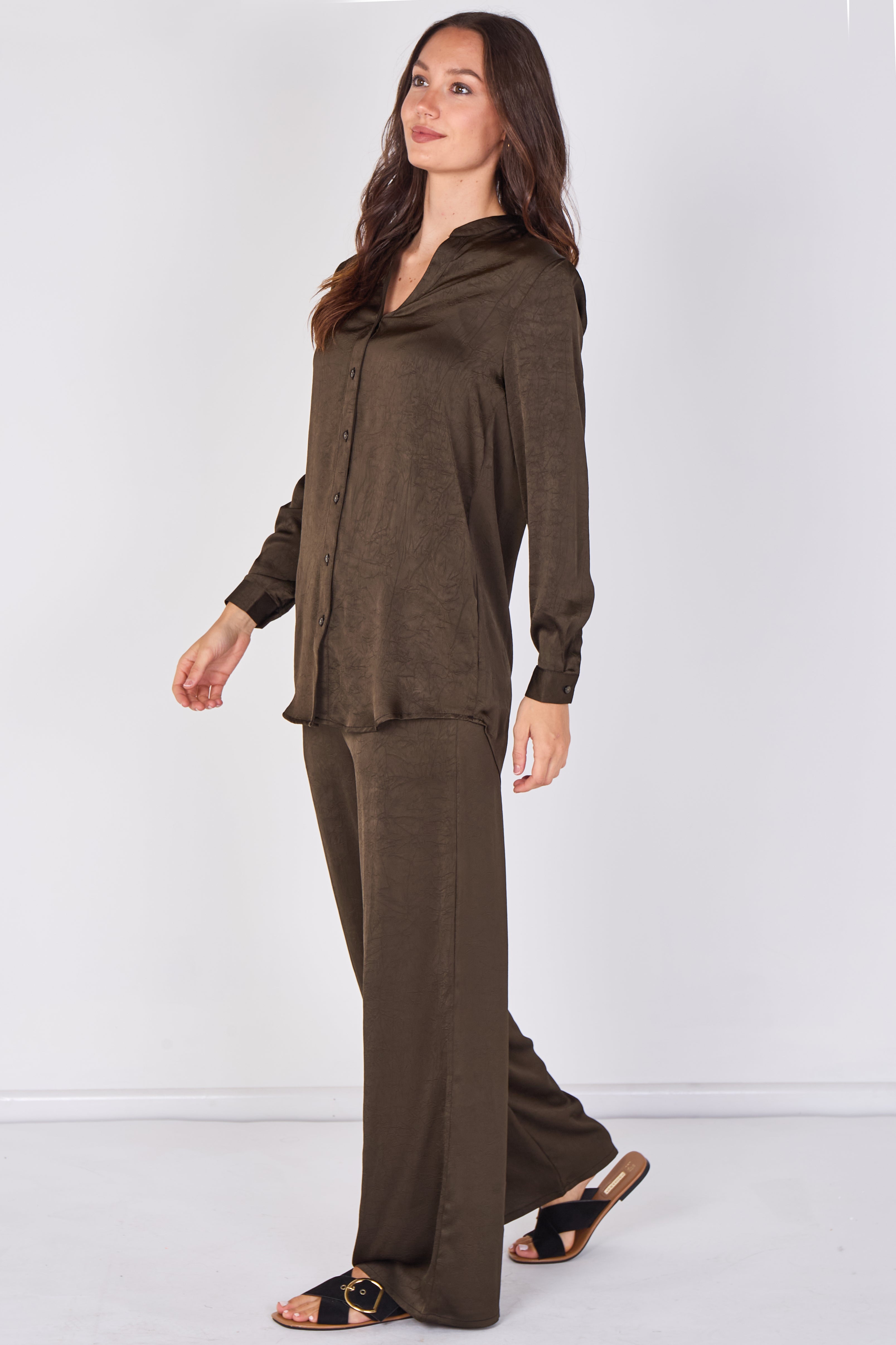 Love Sunshine Khaki Satin Cowl Neck Shirt & Wide Leg Trouser Co-ord Set Co ord sets LS-5002 LS-5002&9057 LS-9057