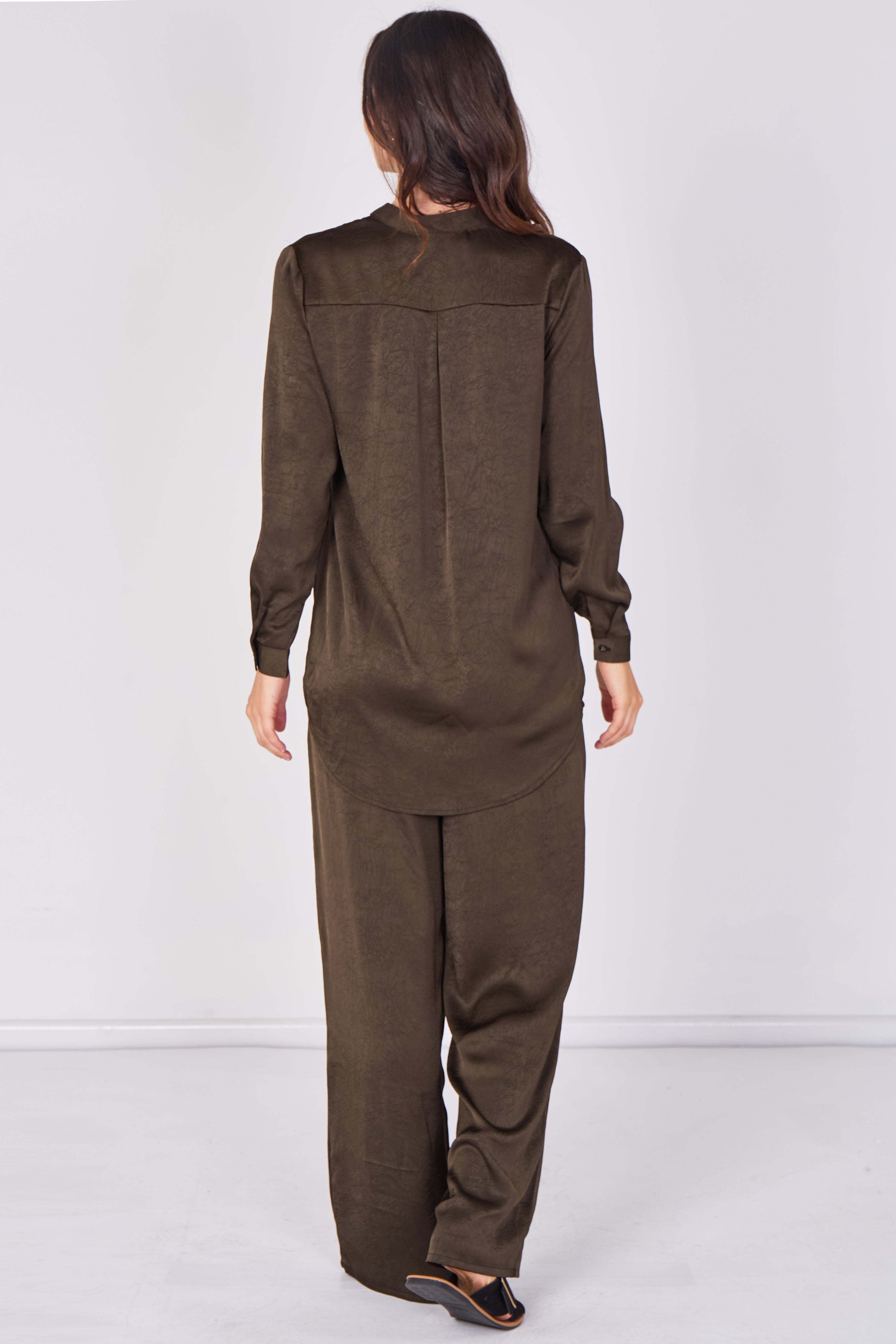 Love Sunshine Khaki Satin Cowl Neck Shirt & Wide Leg Trouser Co-ord Set Co ord sets LS-5002 LS-5002&9057 LS-9057