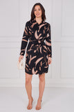 8Pcs Black and Caramel Painterly Print Belted Shirt Dress