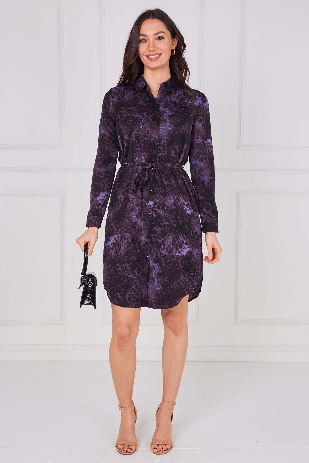 8Pcs Midnight Plum Animal Print Belted Shirt Dress