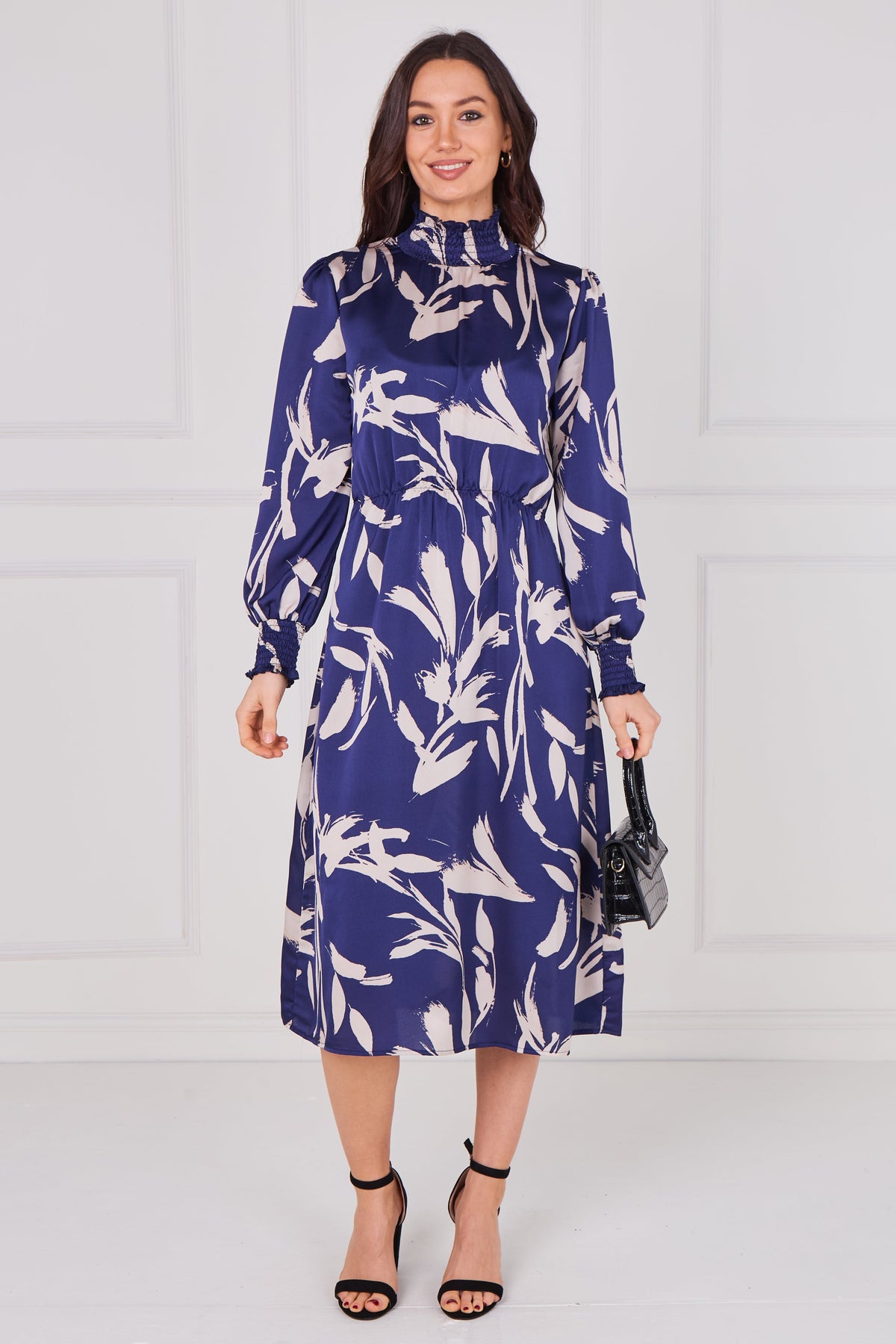 6Pcs Sapphire Whisper Floral Shirred Neck Midaxi Dress
