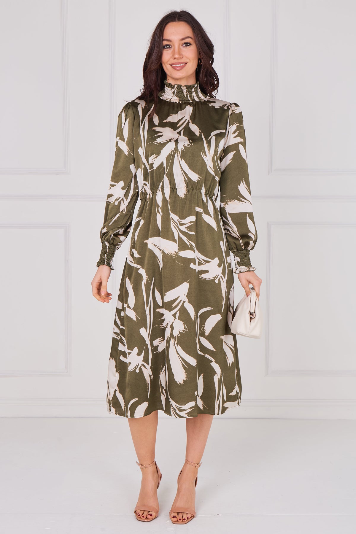 6Pcs Olive Whisper Floral Shirred Neck Midaxi Dress