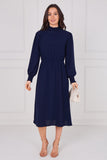 6Pcs Navy Shirred High Neck Midaxi Dress