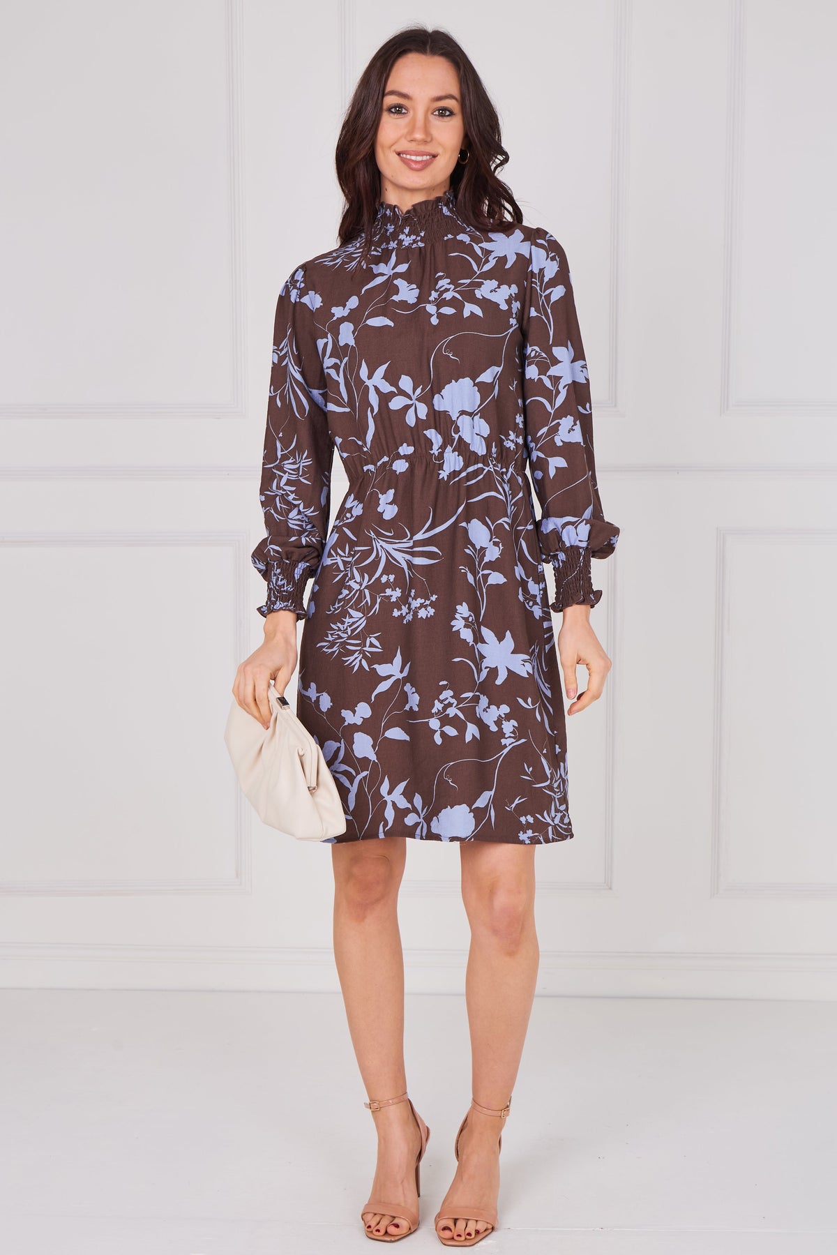 6Pcs Chocolate and Powder Blue Floral Shirred Neck Dress