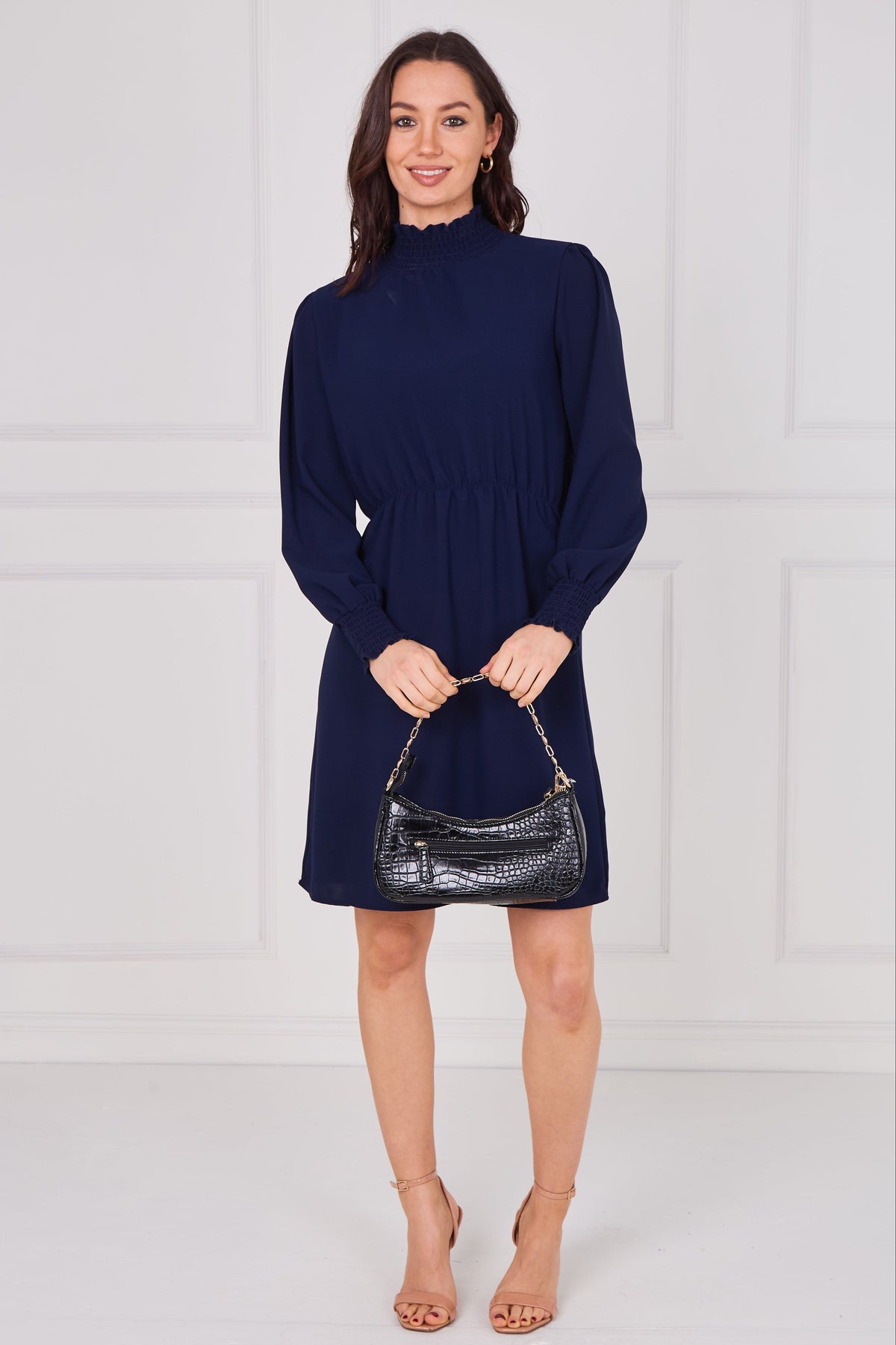 6Pcs Navy Shirred Neck Long Sleeve Dress