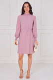 6Pcs Dusty Rose Shirred Neck Long Sleeve Dress