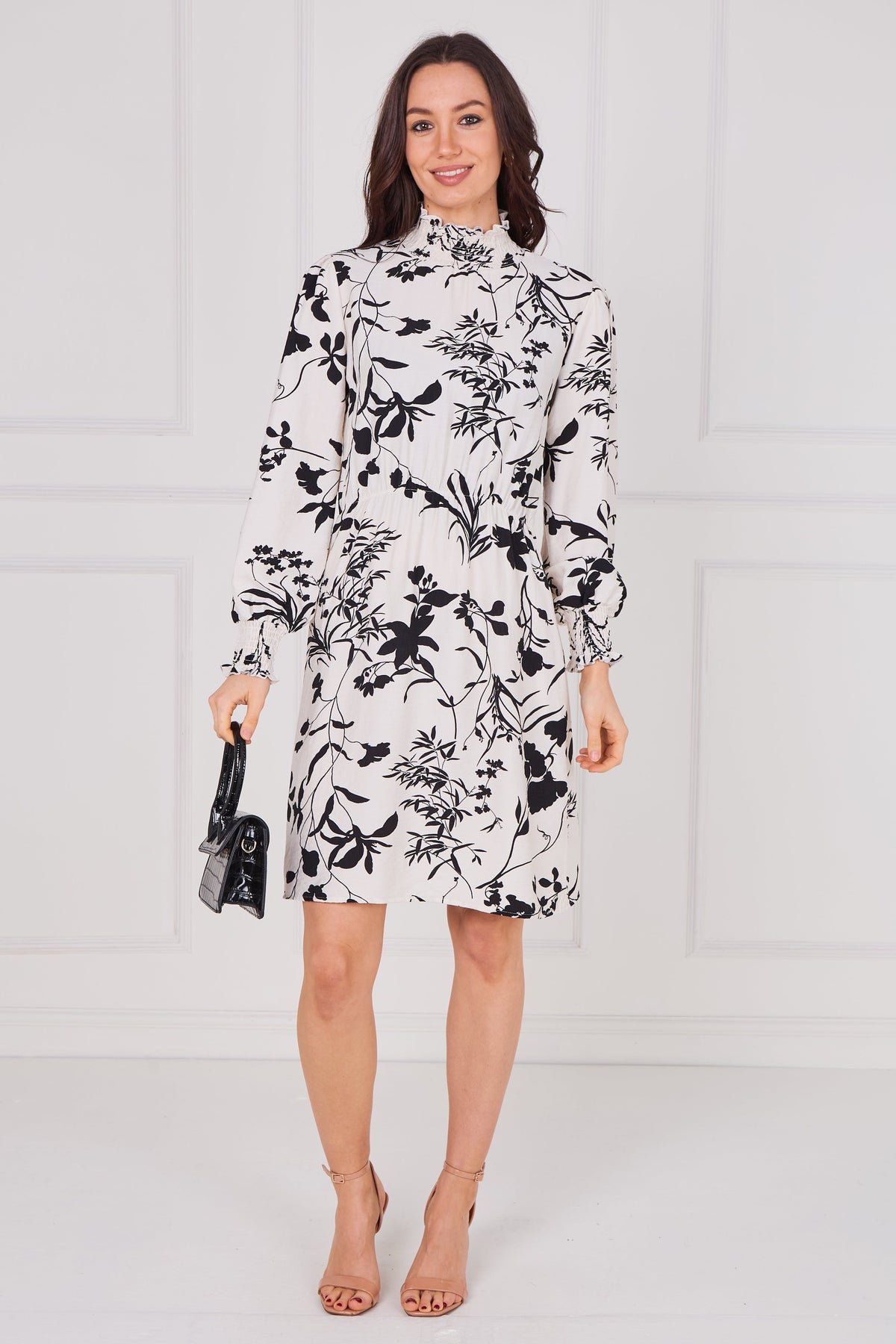 6Pcs Ivory Floral Print Shirred Neck Dress