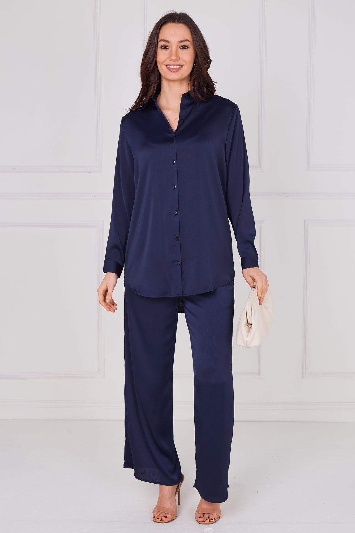 8Pcs Midnight Navy Satin Shirt and Trousers Co-Ord