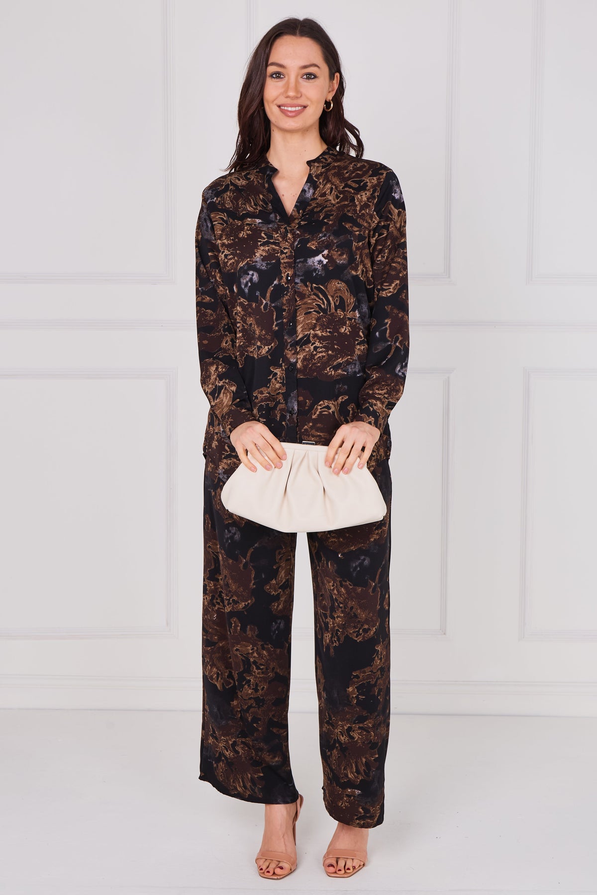 8Pcs Espresso Baroque Floral Print Shirt and Trousers Co-Ord Set