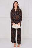 8Pcs Espresso Baroque Floral Print Shirt and Trousers Co-Ord Set