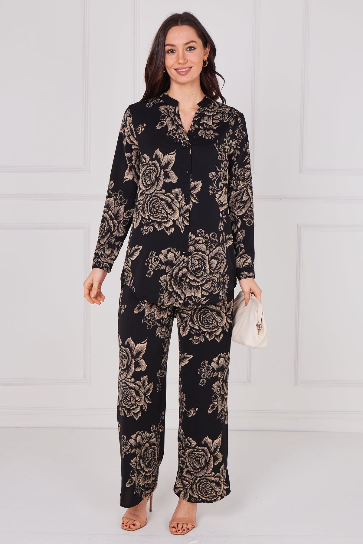 8Pcs Noir Vintage Rose Print Shirt and Trousers Co-Ord