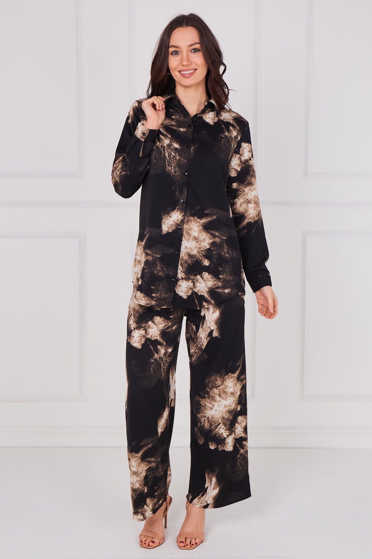 8Pcs Black and Champagne Burst Print Co-Ord Set