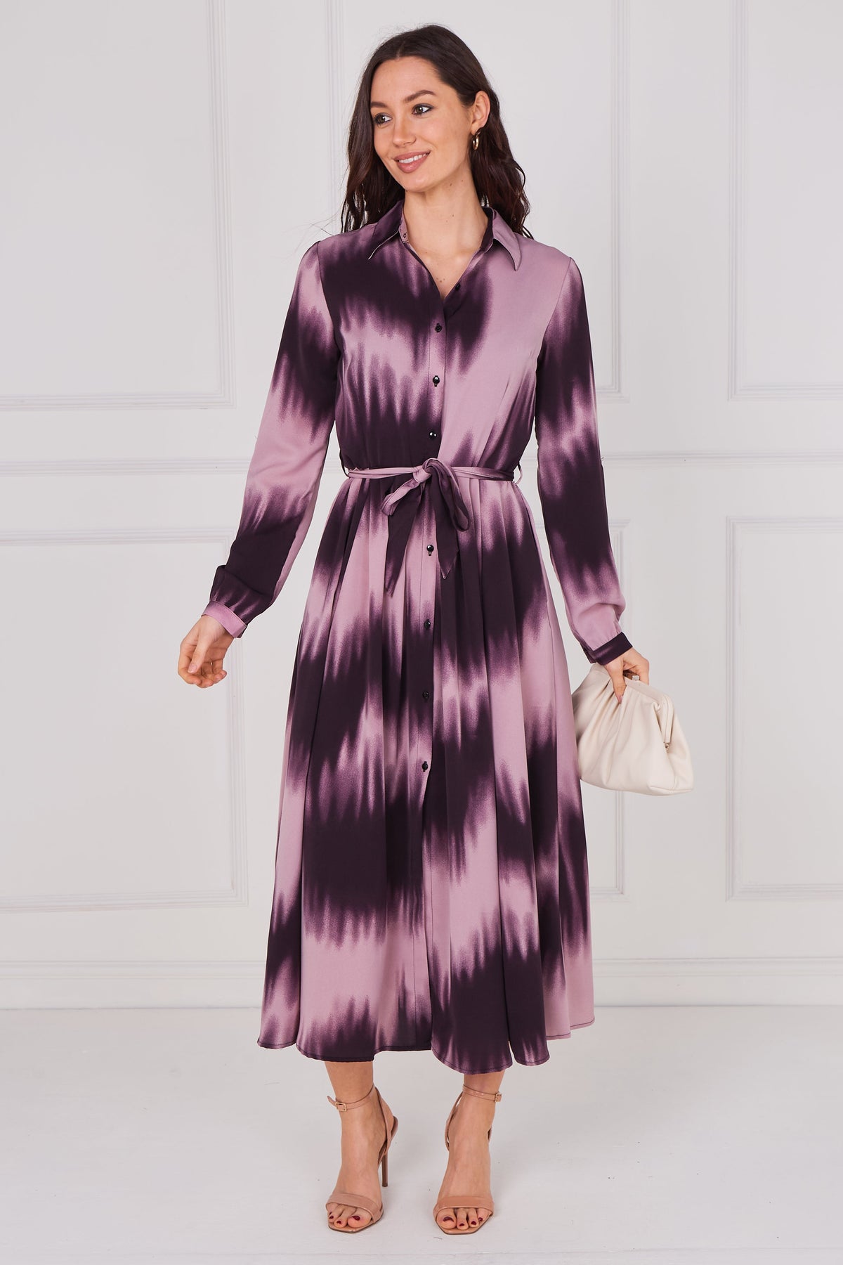 8Pcs Plum Ombre Tie Dye Belted Midaxi Shirt Dress