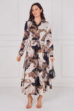 8Pcs Latte Abstract Print Belted Midaxi Shirt Dress