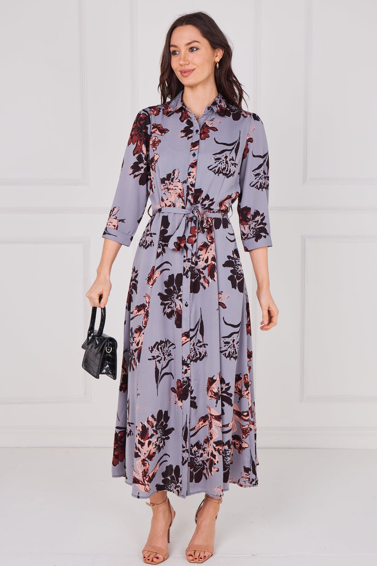 8Pcs Slate Blue Blossom Print Belted Midaxi Shirt Dress
