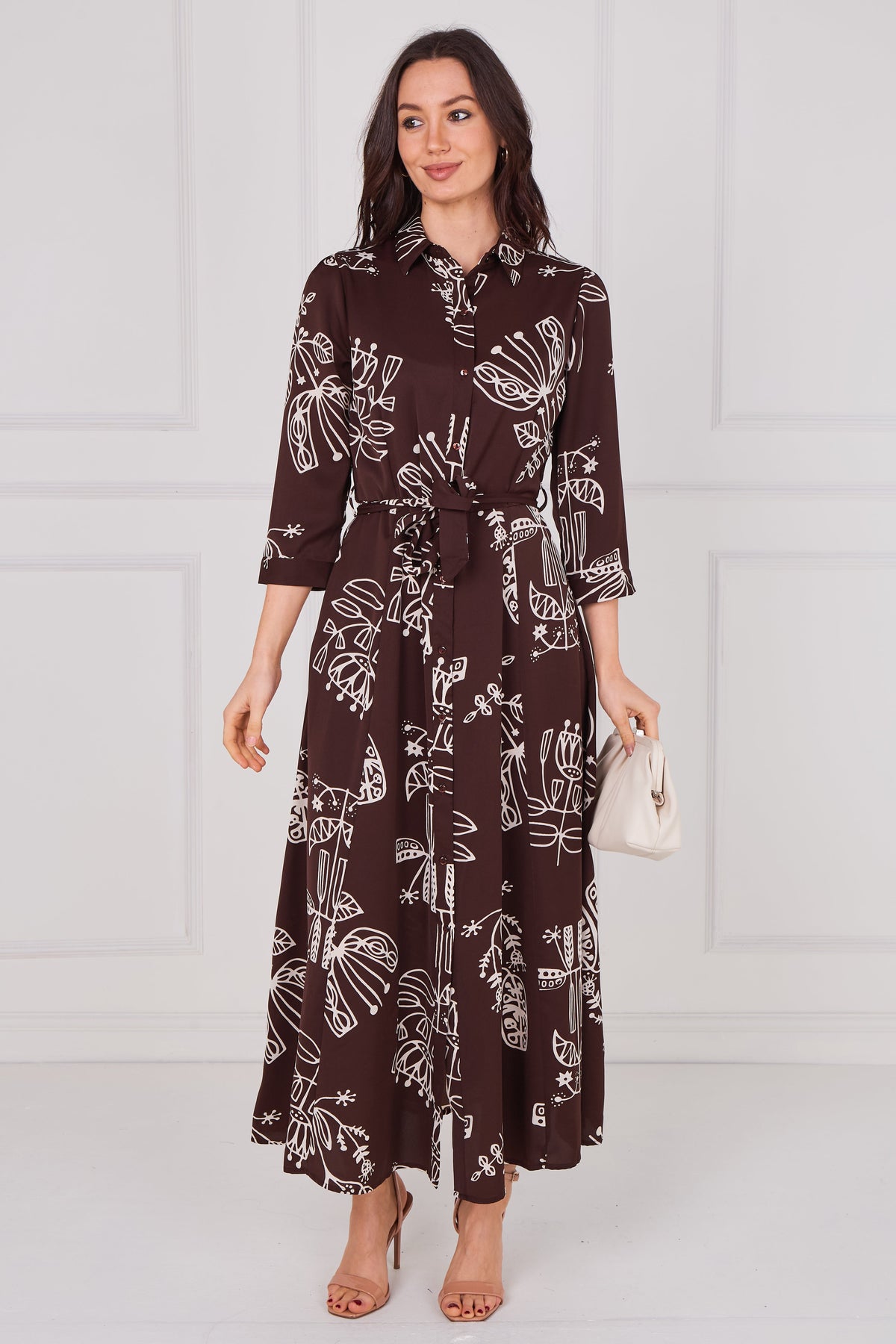 8Pcs Espresso Artisan Print Belted Midaxi Shirt Dress