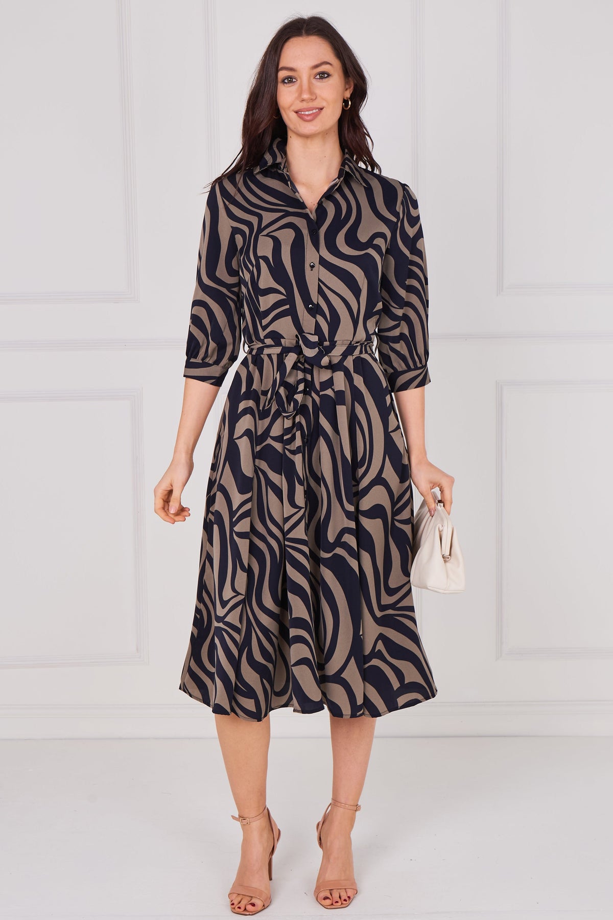 8Pcs Black and Smoky Olive Swirl Print Half Sleeve Midi Shirt Dress