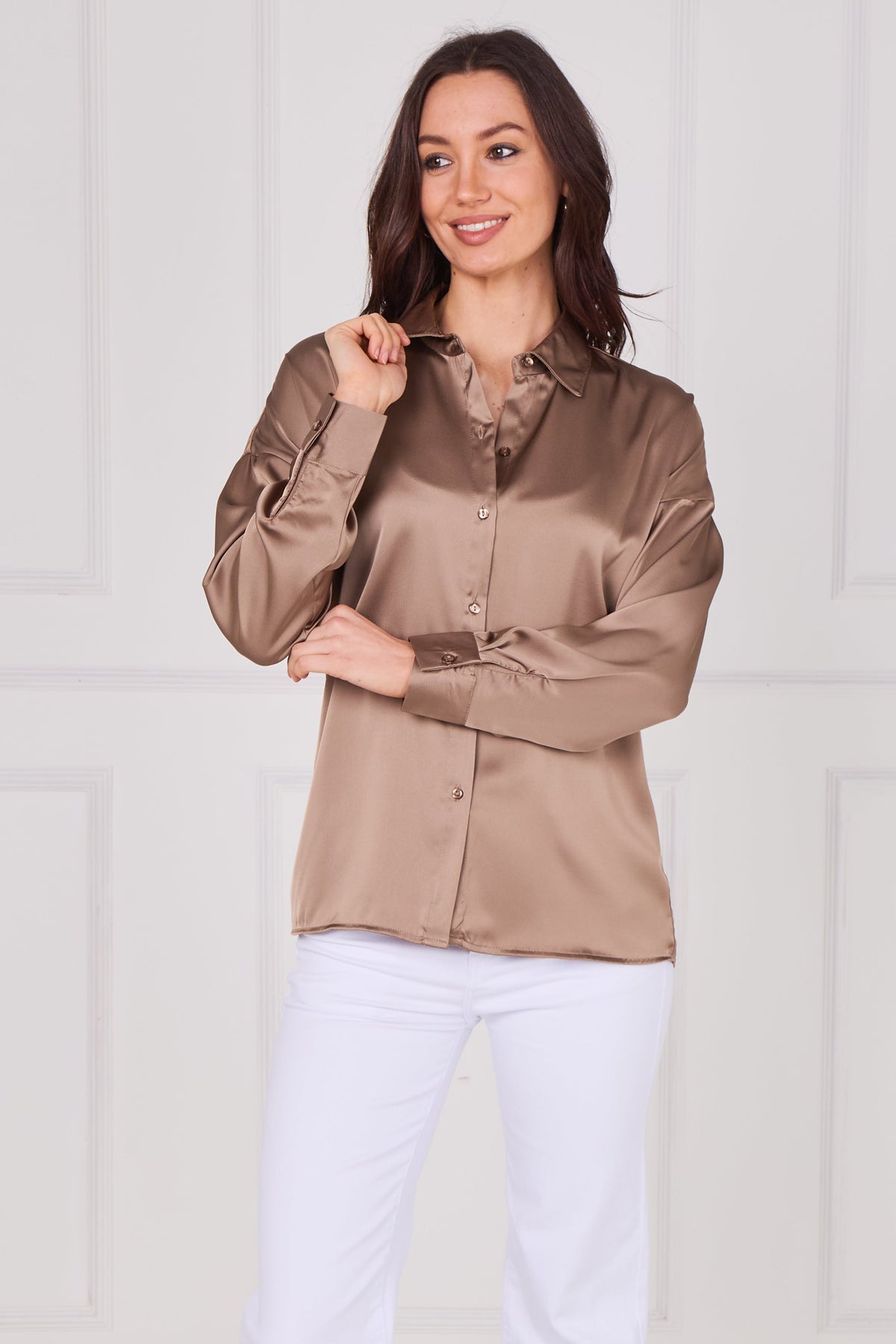 6Pcs Latte Brushed Satin Oversized Shirt
