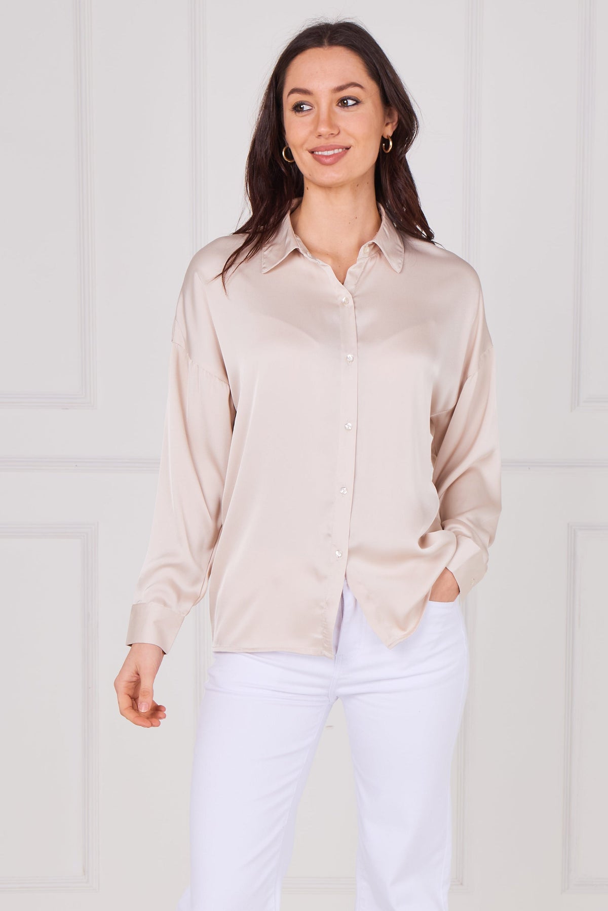 6Pcs Blush Beige Brushed Satin Oversized Shirt